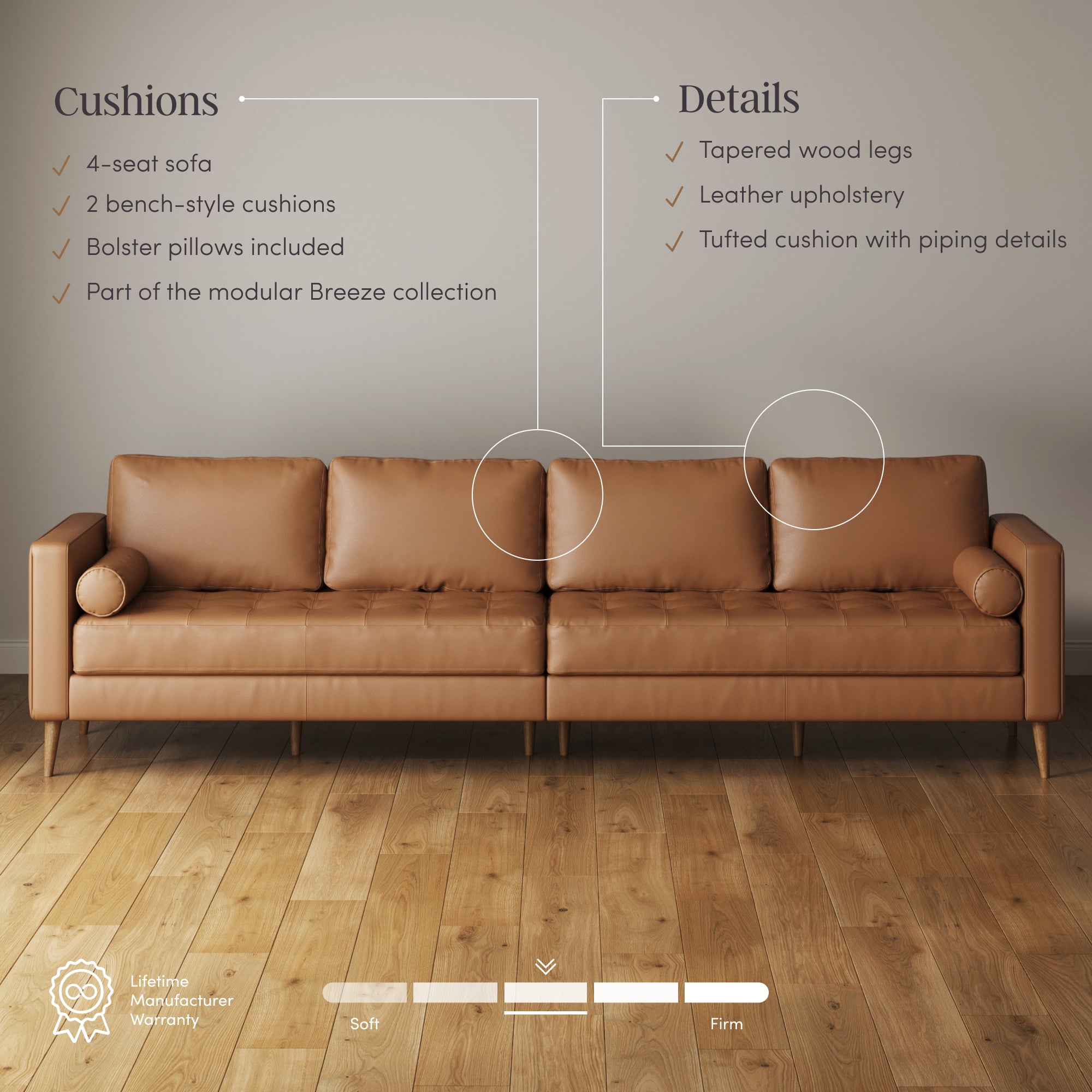 Modern tan leather sofa with three seat cushions and wooden legs sits on a wooden floor. Overlay text highlights features: 4-seat, modular design, bench-style cushions, bolster pillows, leather upholstery, and tufted details.