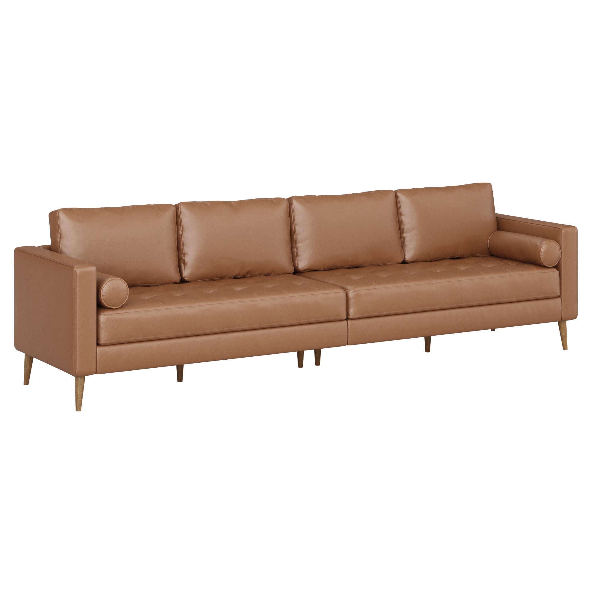 A modern, tan leather sofa with three seat cushions, three back cushions, two cylindrical bolster pillows, and wooden legs. The design is sleek and contemporary.