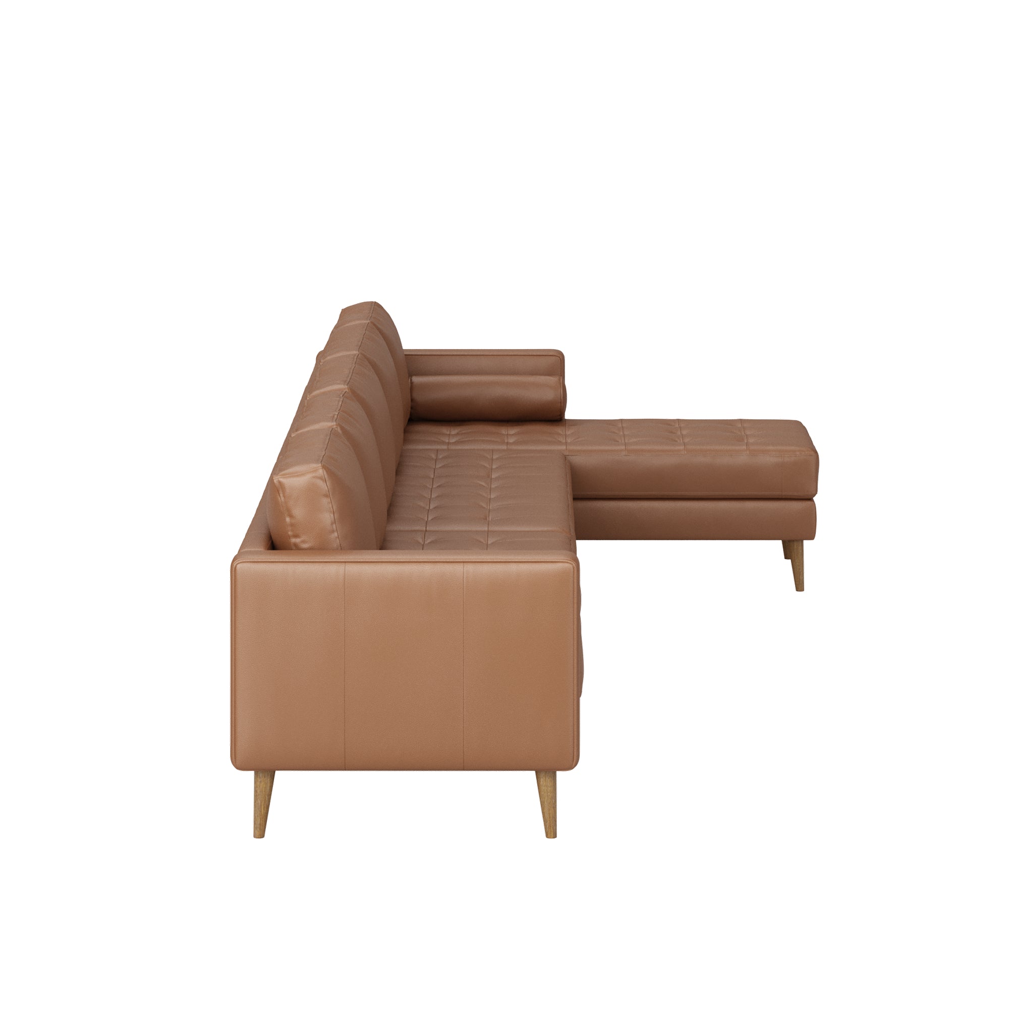 Side view of a modern L-shaped sectional sofa in light brown leather with wooden legs, tufted cushions, and an extended chaise on the right side, set against a plain white background.
