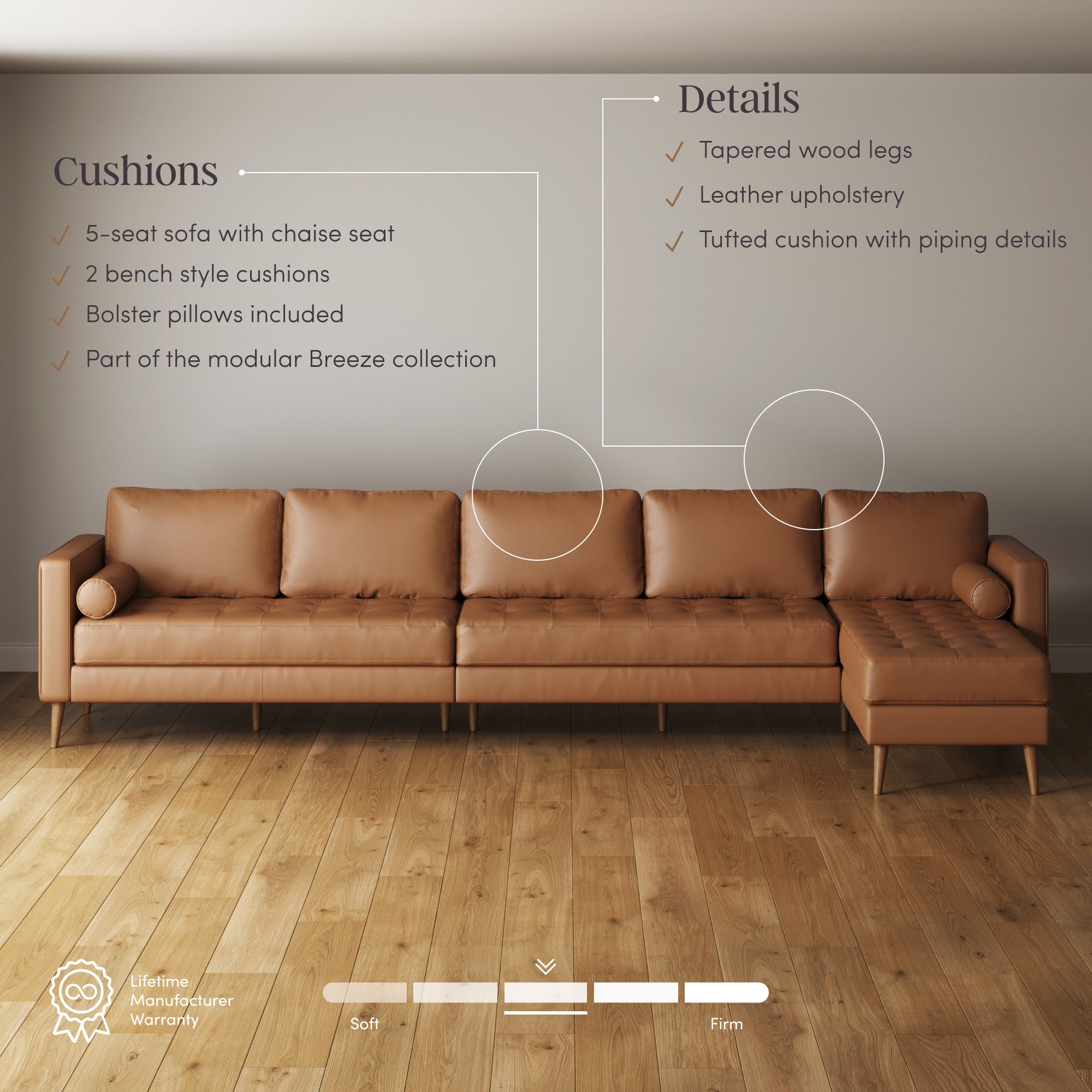A tan leather sectional sofa with chaise, wooden legs, and bolster pillows sits against a plain wall. Text highlights features like a 5-seat design, modular cushions, leather upholstery, and tufted details.