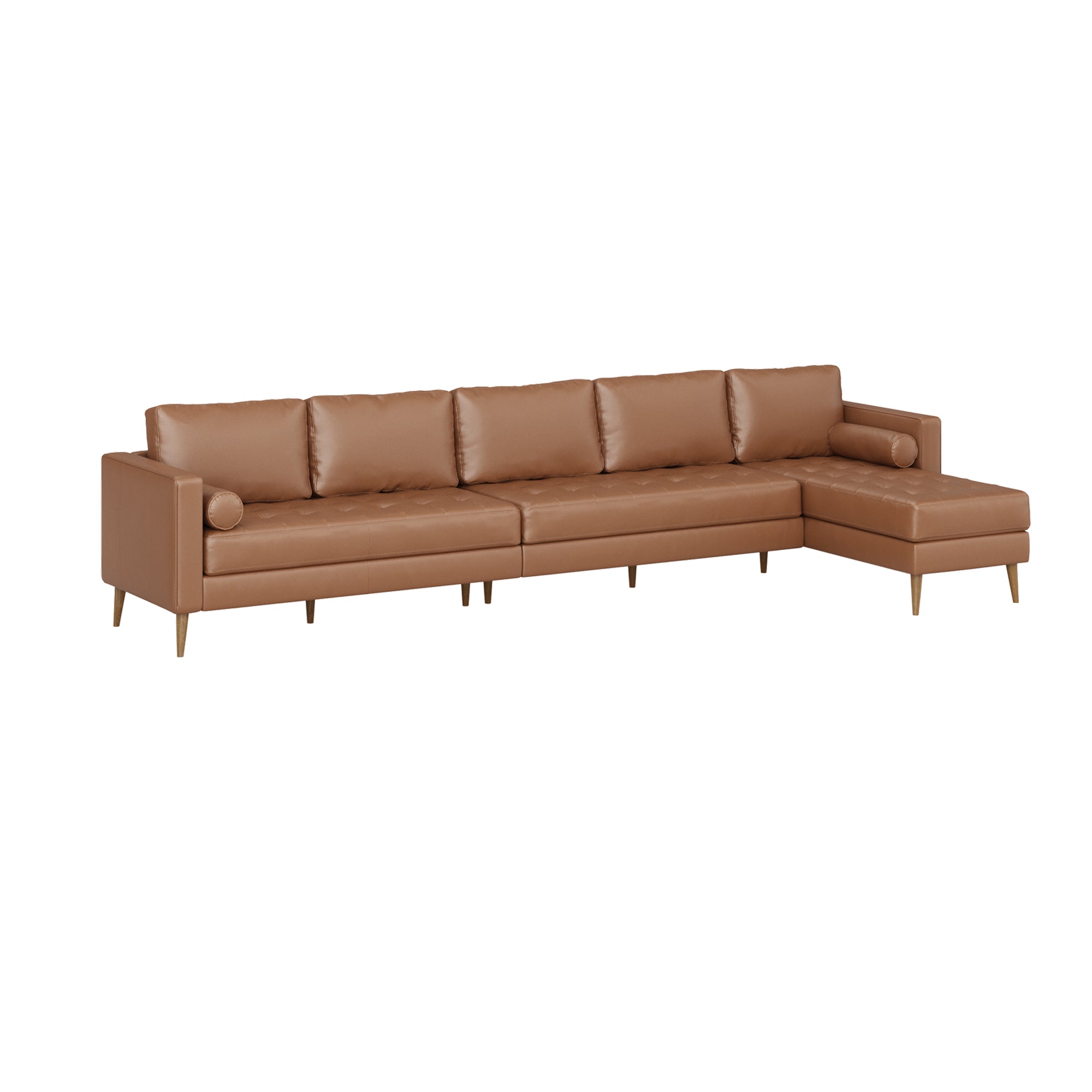 A modern L-shaped brown leather sectional sofa with tufted cushions, wooden legs, and a right-facing chaise lounge, photographed against a plain white background.