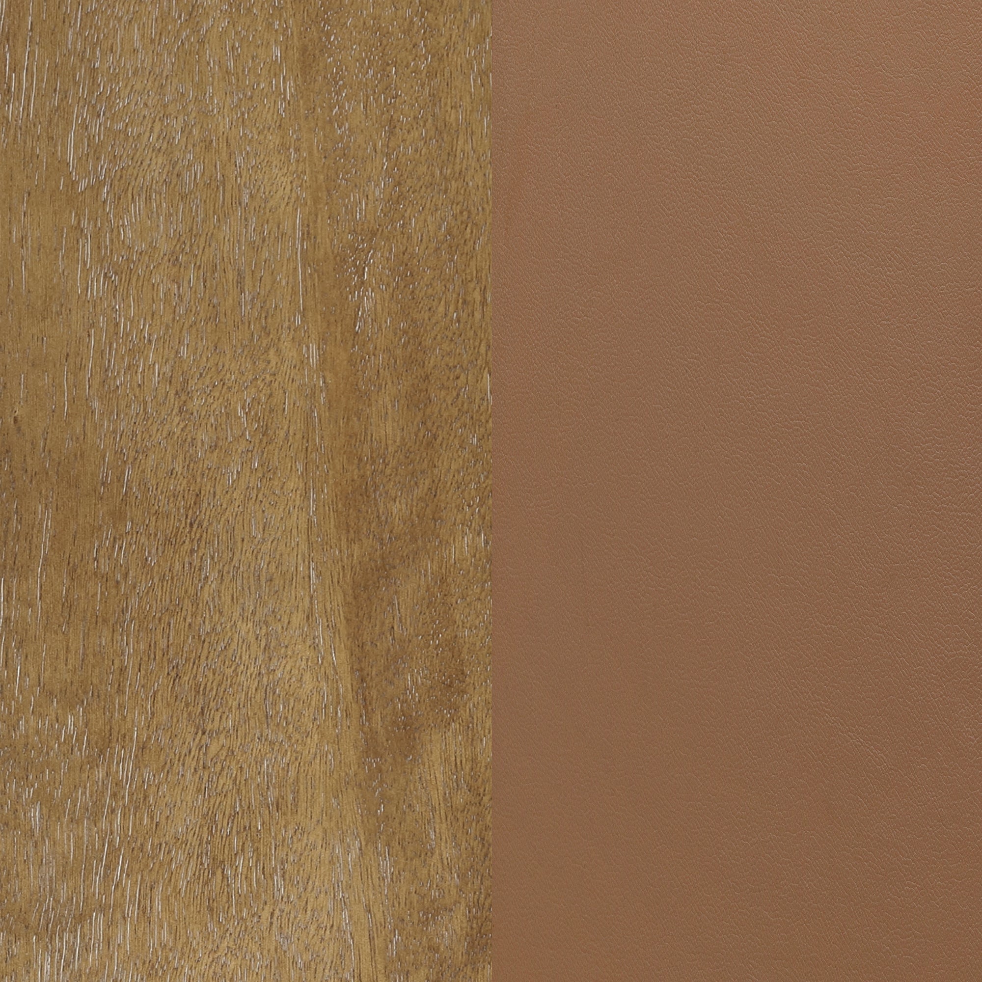 A split image showing two textures: on the left is a close-up of rough, natural wood grain, and on the right is a smooth, even surface of brown leather.