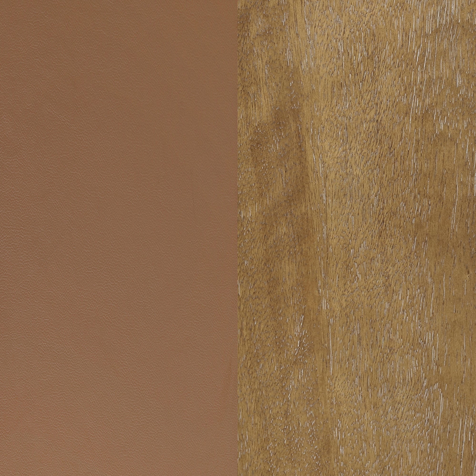 A side-by-side comparison of two surfaces: smooth brown leather on the left and textured, light brown wood with visible grain on the right.