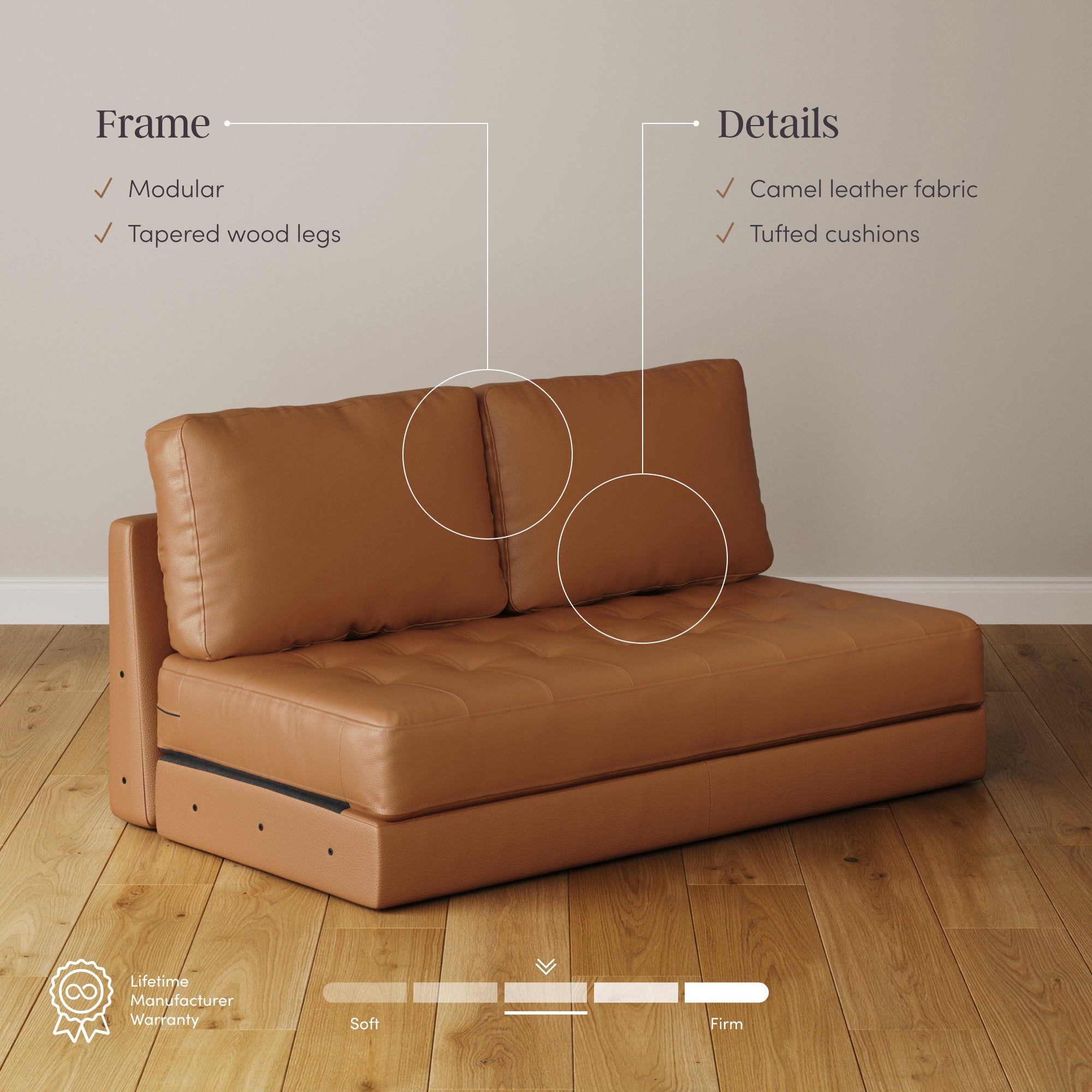 Tan leather loveseat with tufted cushions and wooden legs sits on a wooden floor. Text highlights features: modular frame, tapered wood legs, camel leather fabric, and tufted cushions. Warranty and firmness scale shown below.