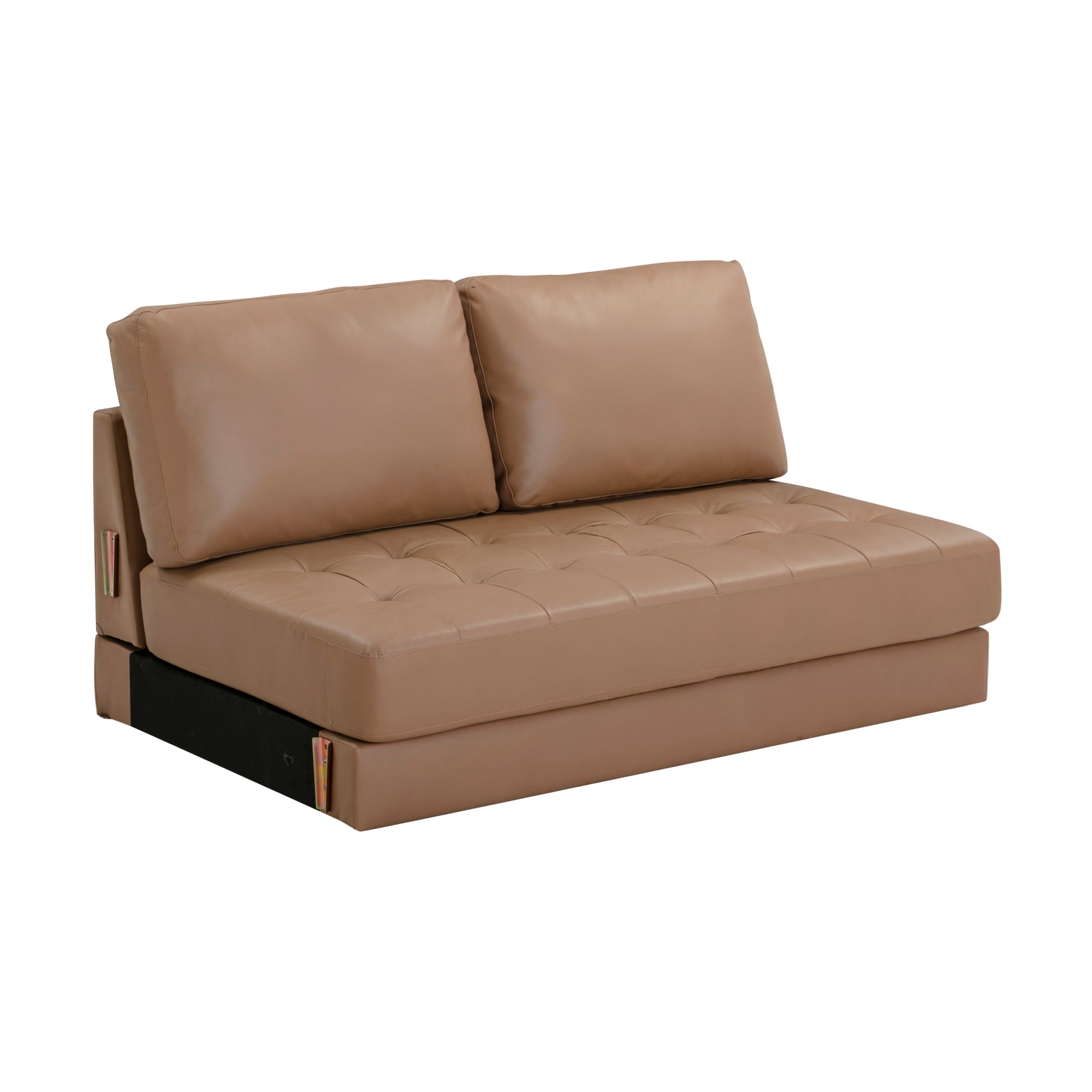 A tan faux leather loveseat with tufted seat cushion and two plush back cushions, shown on a white background.