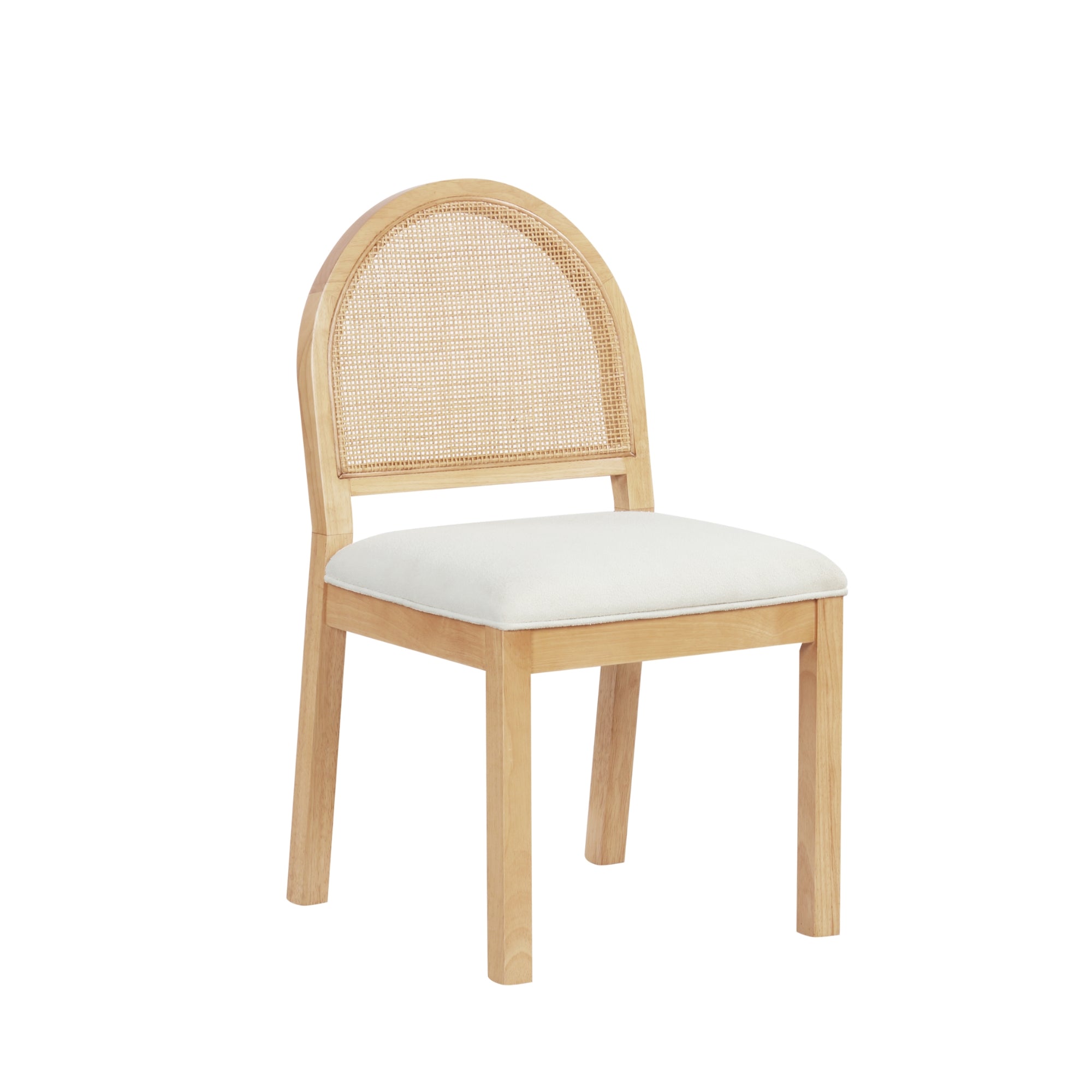 A wooden chair with a light finish, featuring a rounded cane backrest and a white cushioned seat, set against a plain white background.