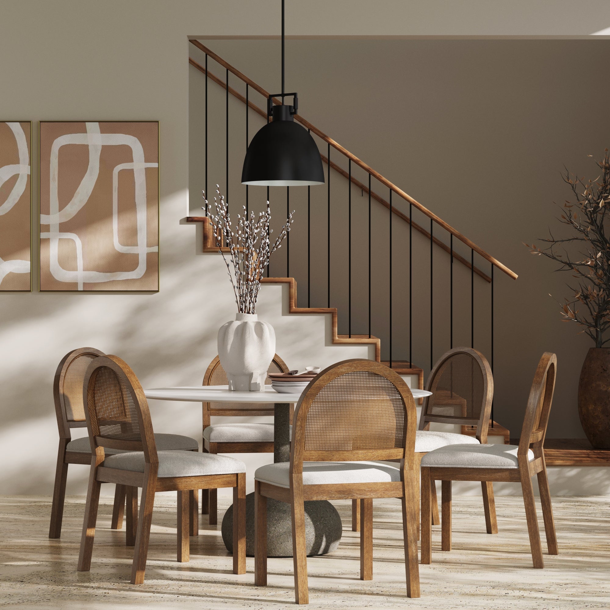 Boucle & Rattan Dining Chairs Light Brown (Set of 6)