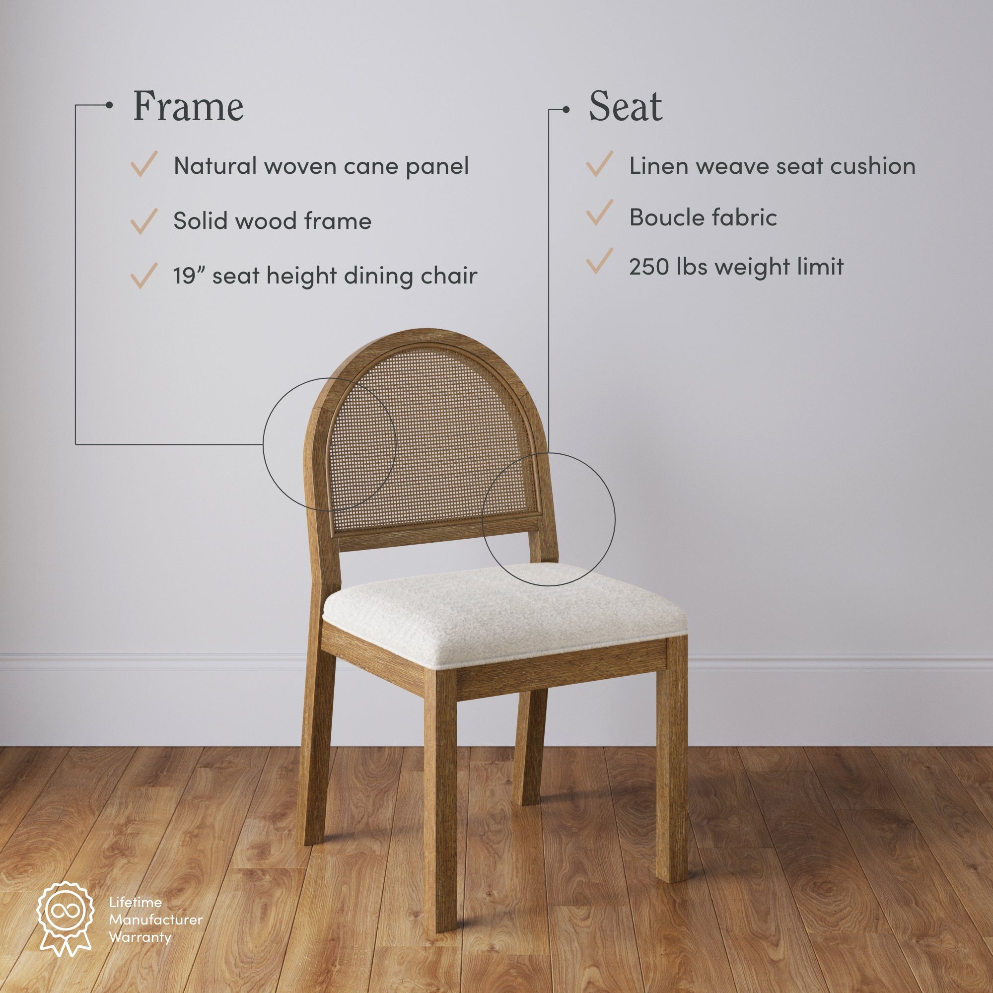 A wooden dining chair with a woven cane panel backrest and a cushioned seat in linen weave fabric. Text highlights features: 19 seat height, solid wood frame, natural cane panel, boucle fabric, and 250 lbs weight limit.