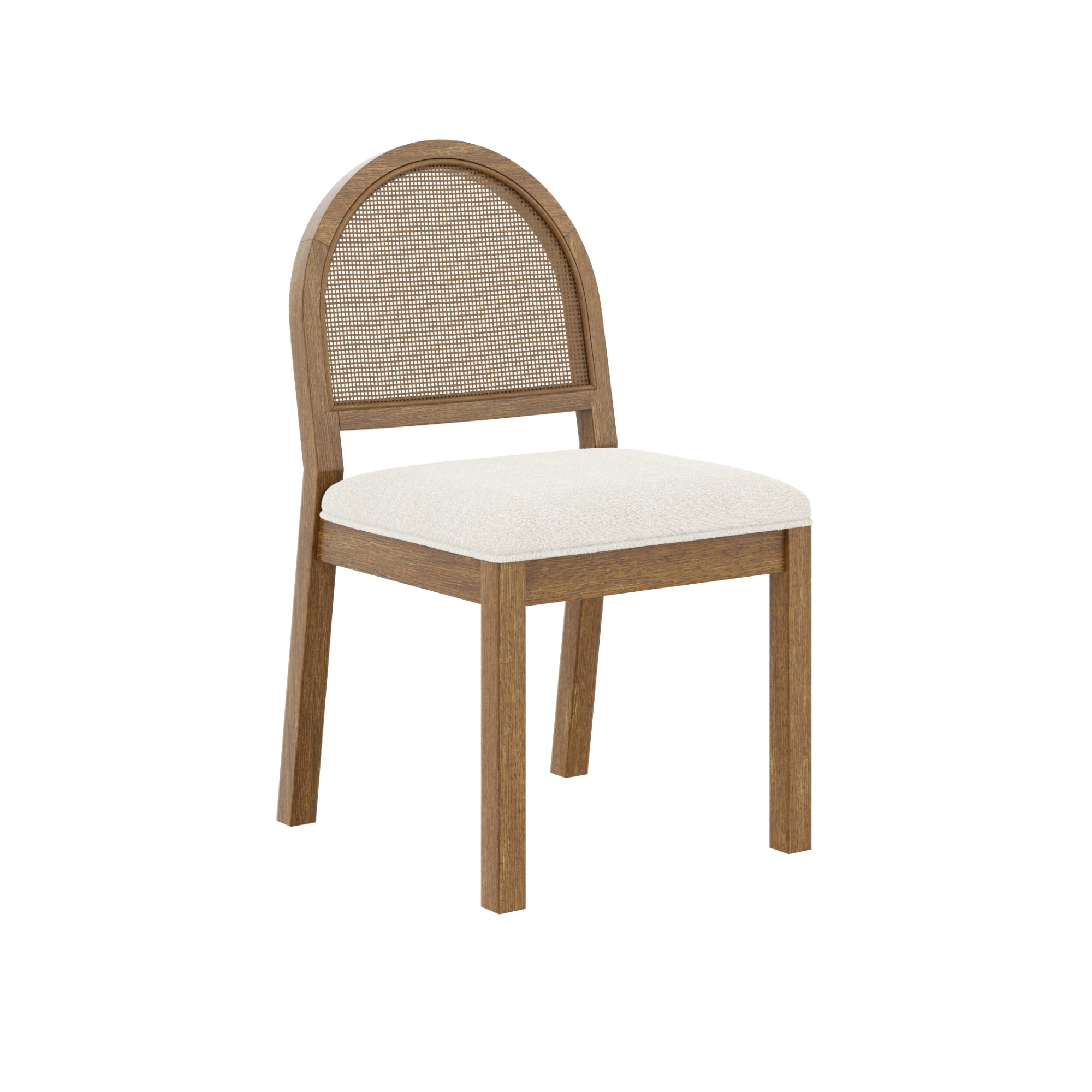 A wooden chair with a rounded, woven rattan backrest and a cushioned, cream-colored seat. The legs and frame are simple with clean lines, giving the chair a modern yet classic look.