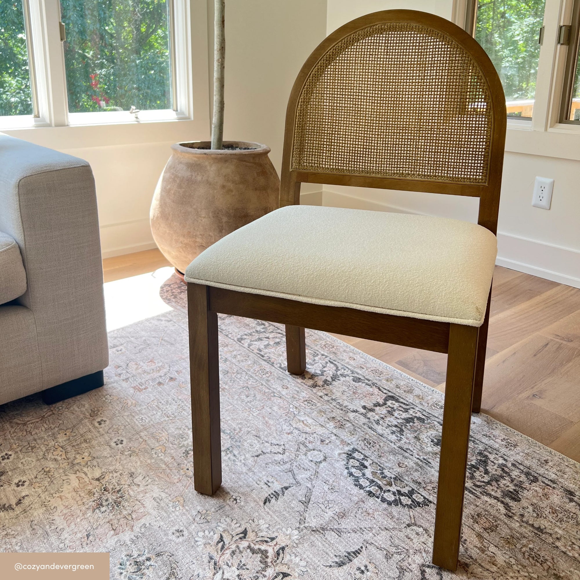 A wooden chair with a rounded cane back and a light upholstered seat sits on a patterned rug near a potted plant, next to a couch and sunlit windows.