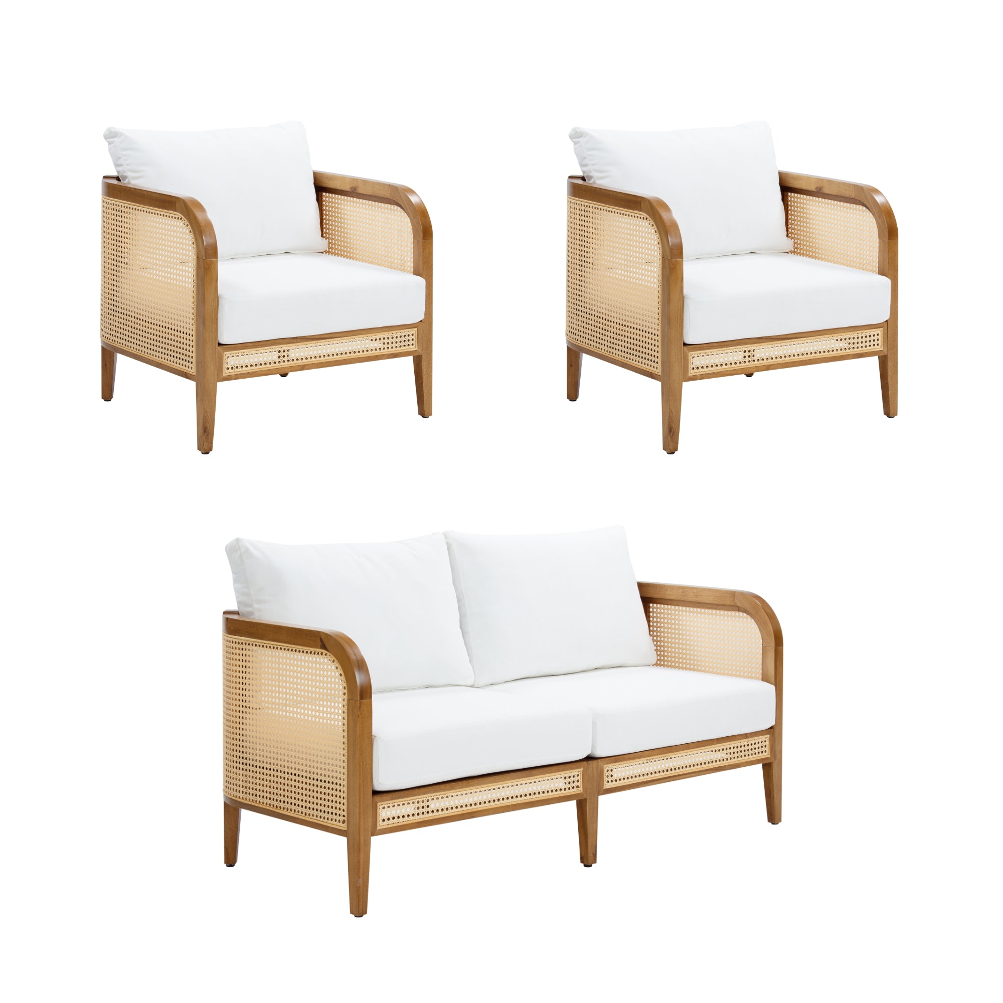 Two matching armchairs and a two-seater sofa with wooden frames, cane sides, and white seat and back cushions, isolated on a white background.