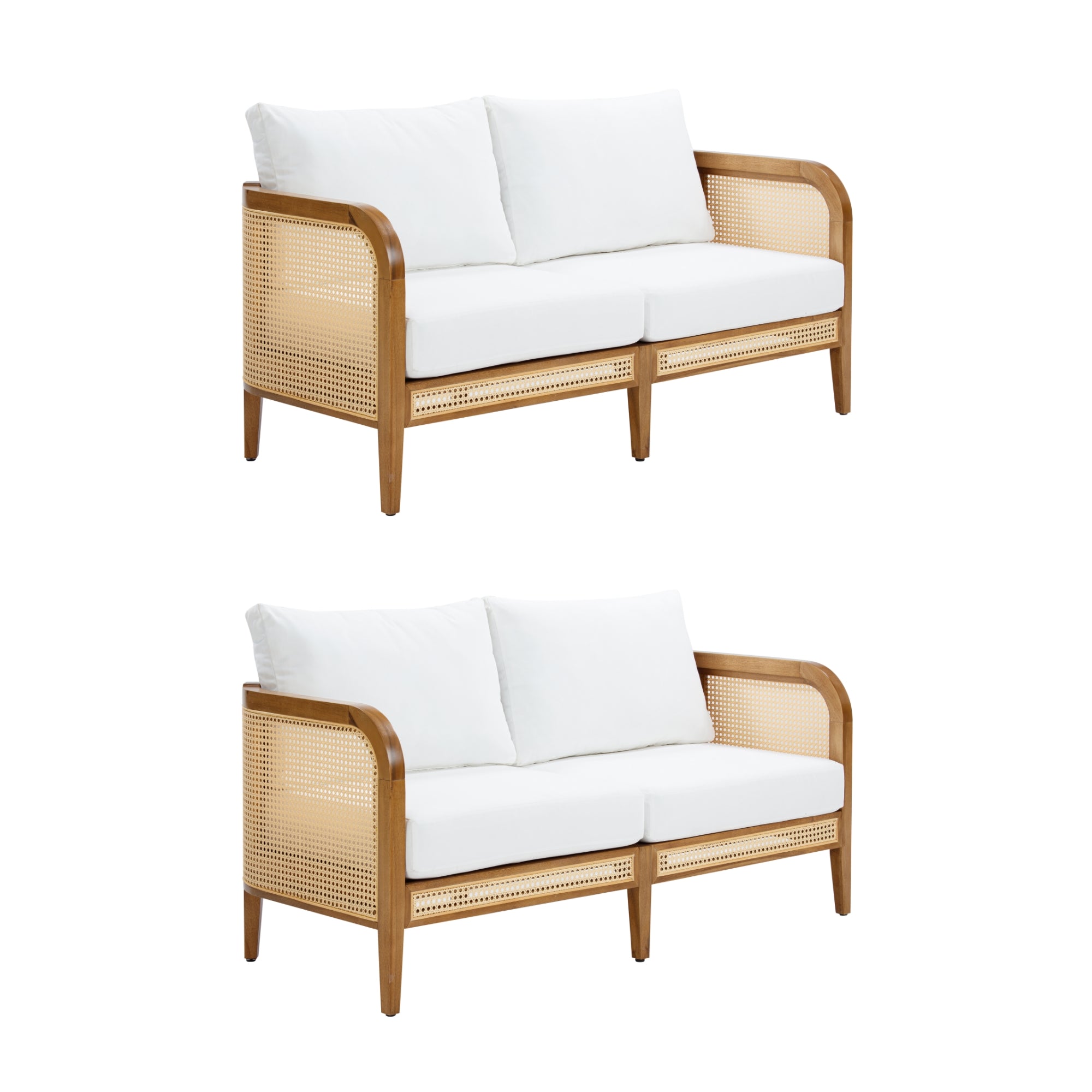 Two identical wooden sofas with light brown frames, cane panel sides, and white seat and back cushions, displayed on a white background.