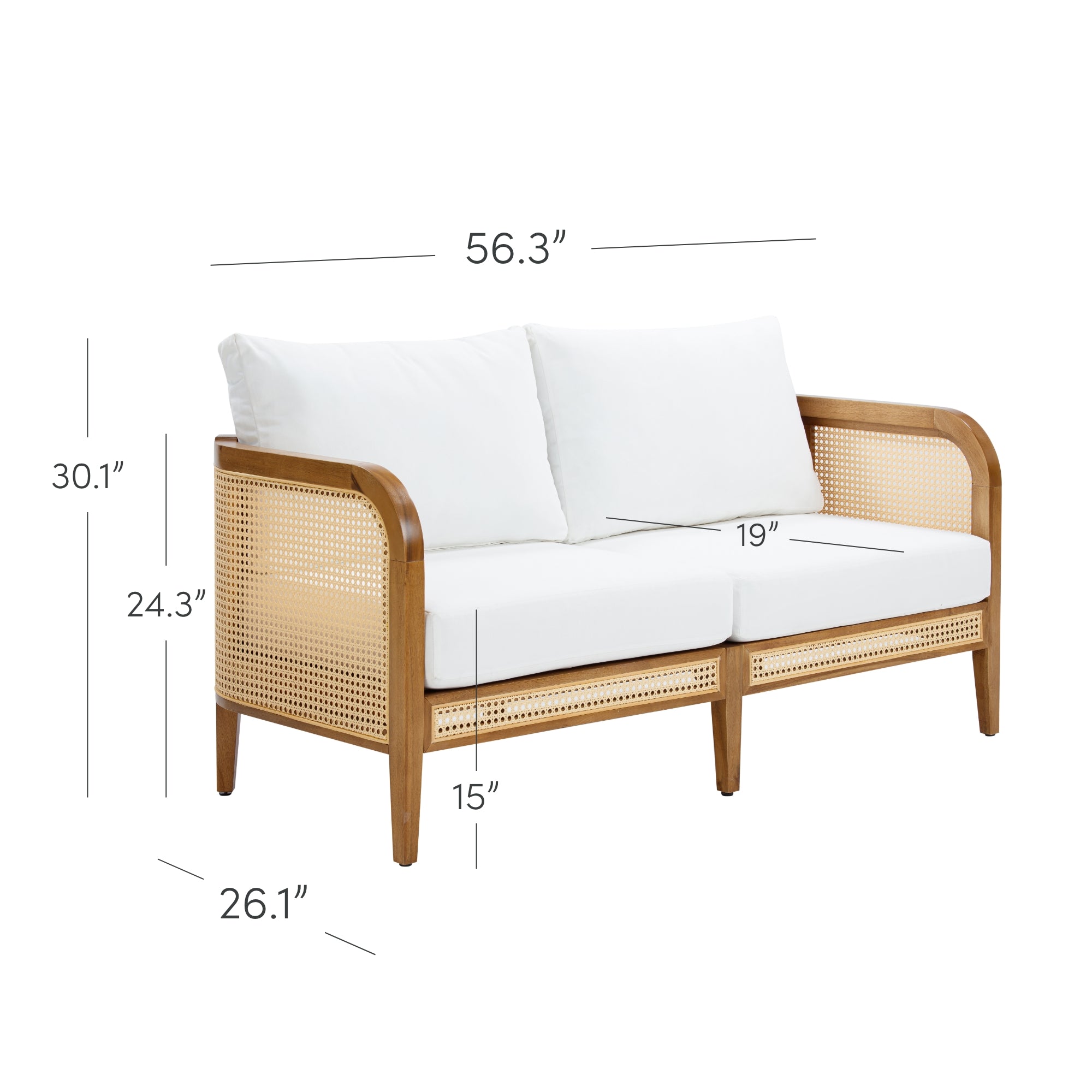 A modern two-seat sofa with white cushions and a wooden frame featuring rattan sides. Dimensions are labeled: width 56.3, height 30.1, depth 26.1, arm height 24.3, seat height 15, and seat depth 19.
