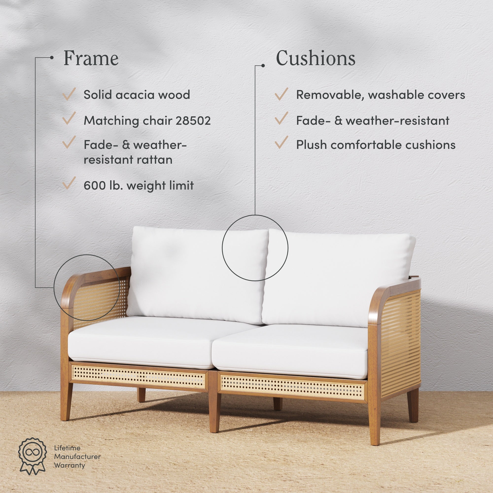 A modern light wood and rattan loveseat with white, plush cushions is shown against a white wall. Feature highlights for the frame and cushions are listed alongside, including solid acacia wood, weather resistance, and washable covers.