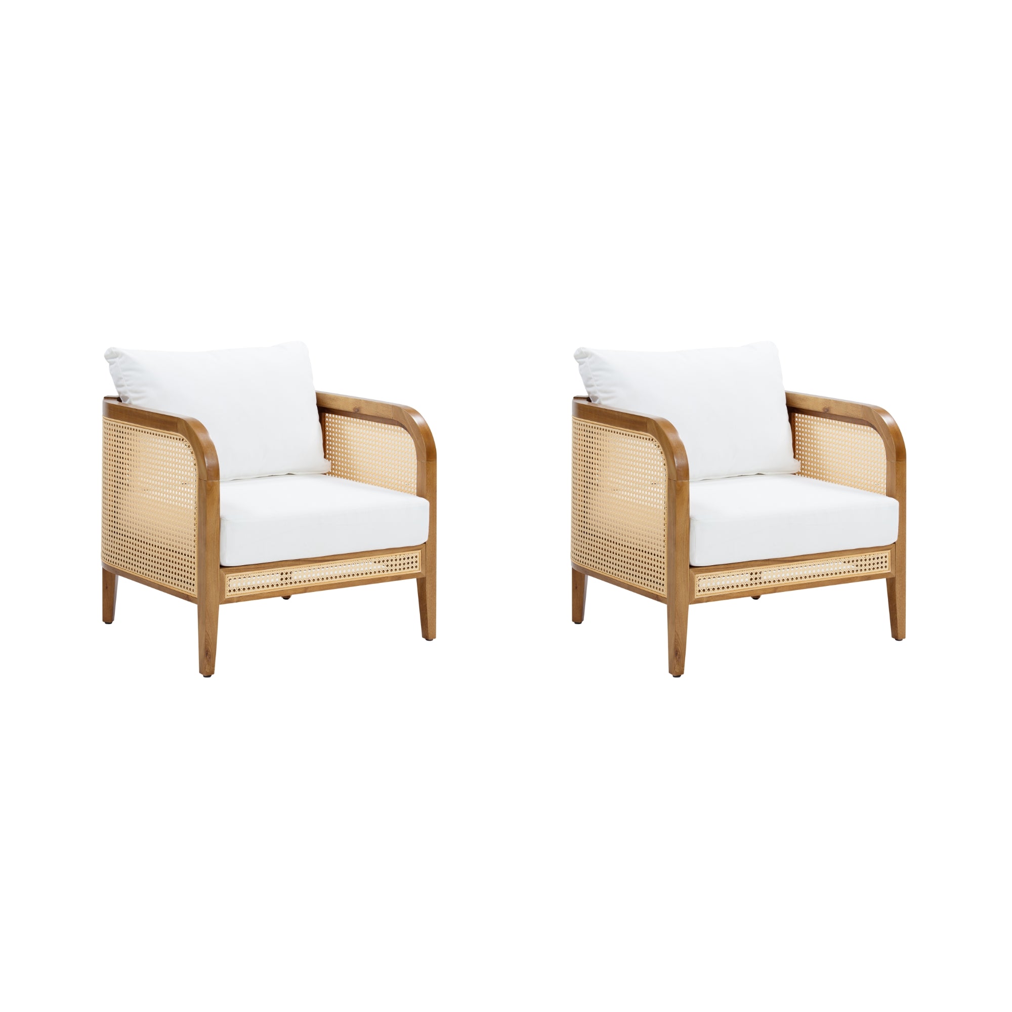 Two identical wooden armchairs with cane sides and backs, featuring white seat and back cushions, are placed side by side on a white background.