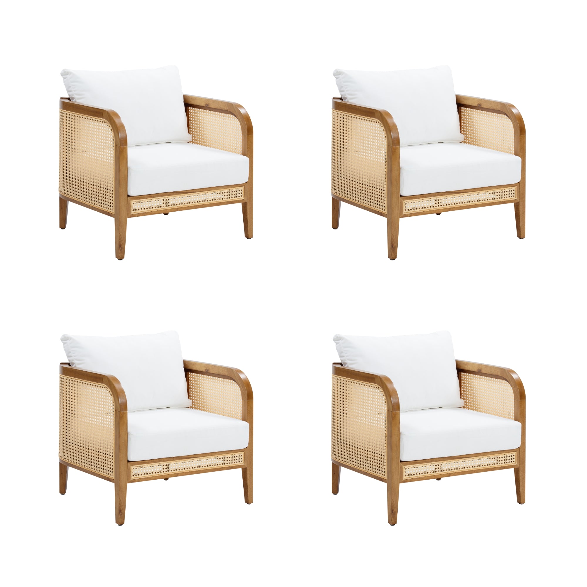 Four identical wooden armchairs with light-colored rattan sides and white cushions, arranged in a two-by-two grid on a white background.