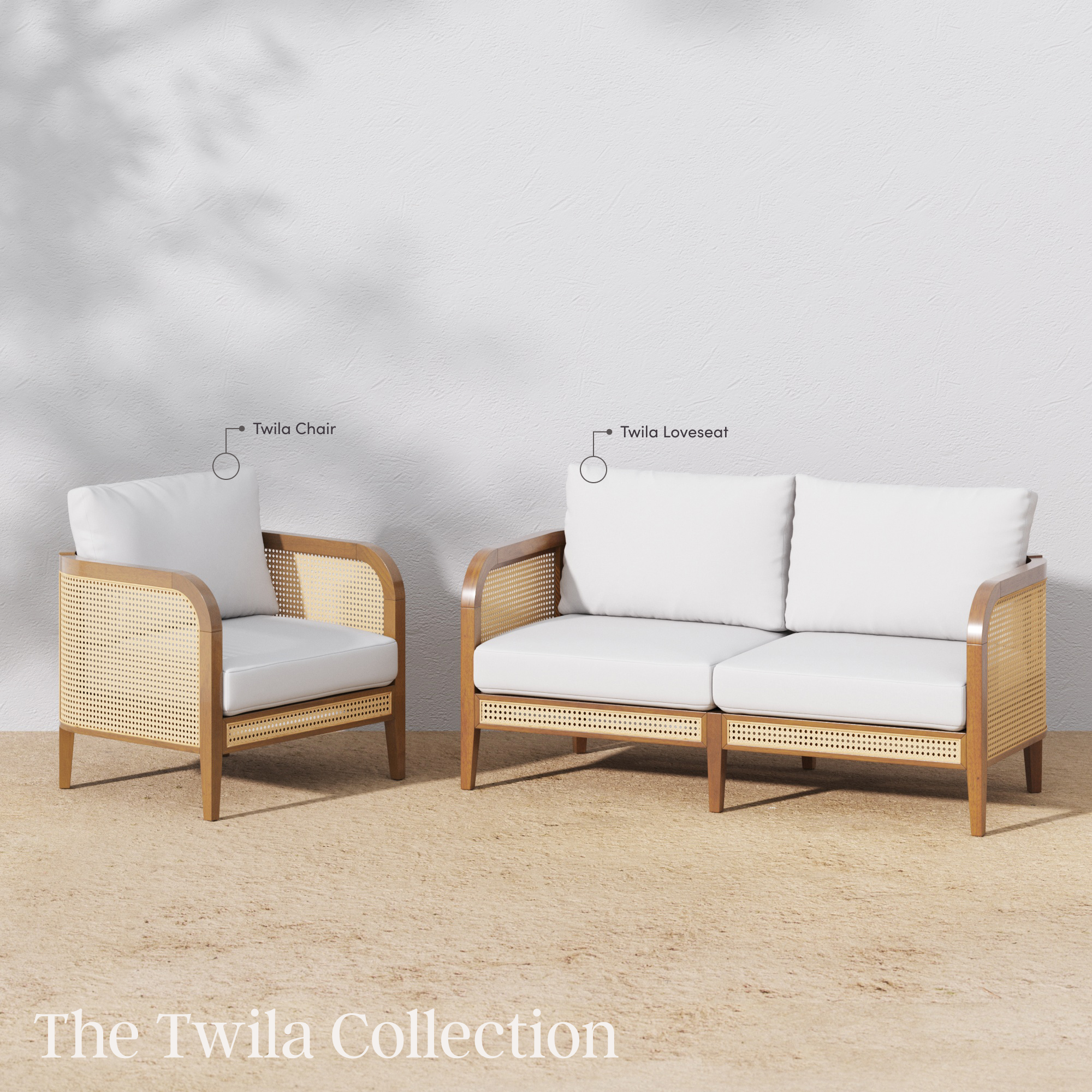 A wooden chair and two-seat loveseat with white cushions and woven rattan sides are displayed on a light beige floor. Labels point to each item, and text at the bottom reads The Twila Collection.