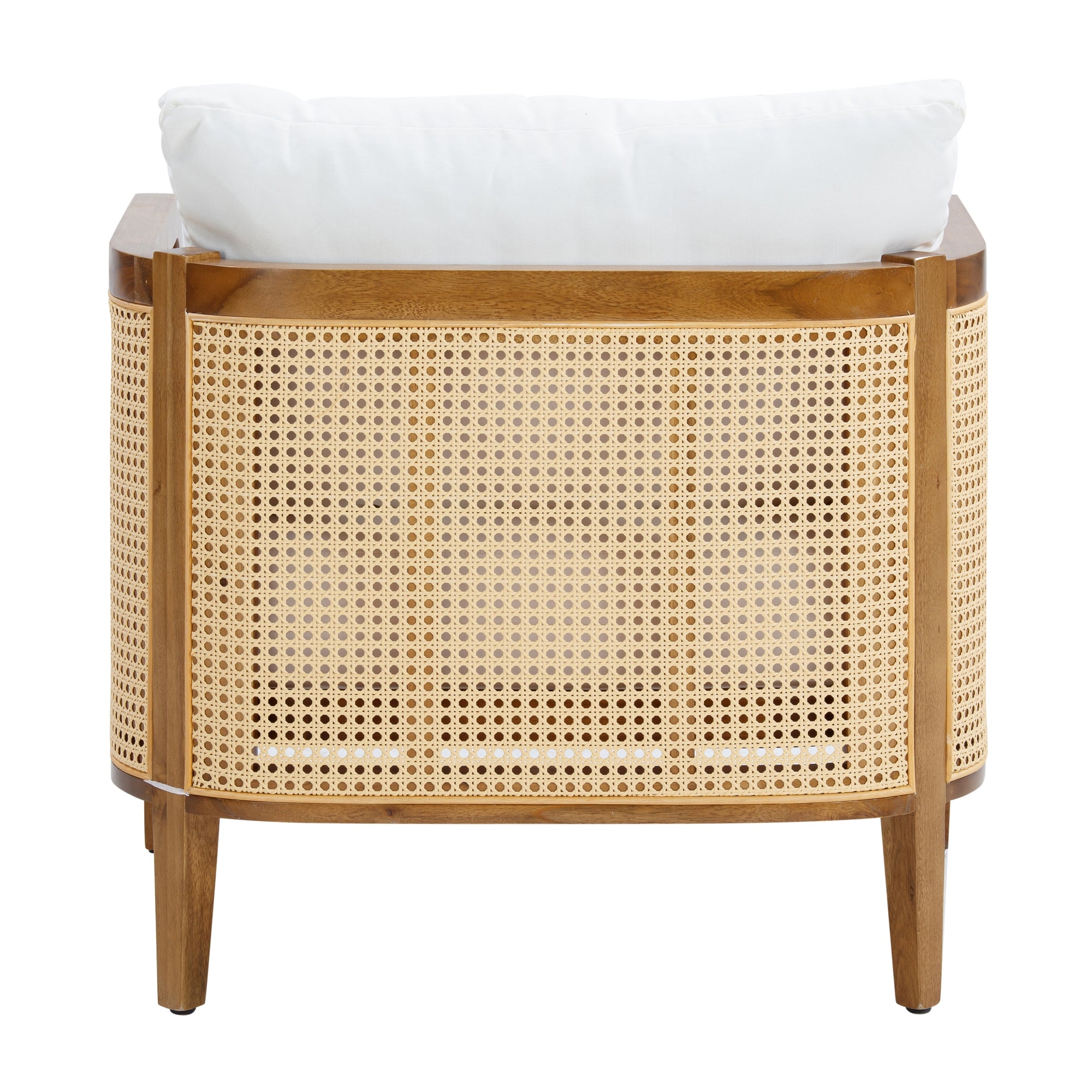 A wooden armchair with a curved backrest, woven rattan paneling, and white cushions is shown from the back against a white background.