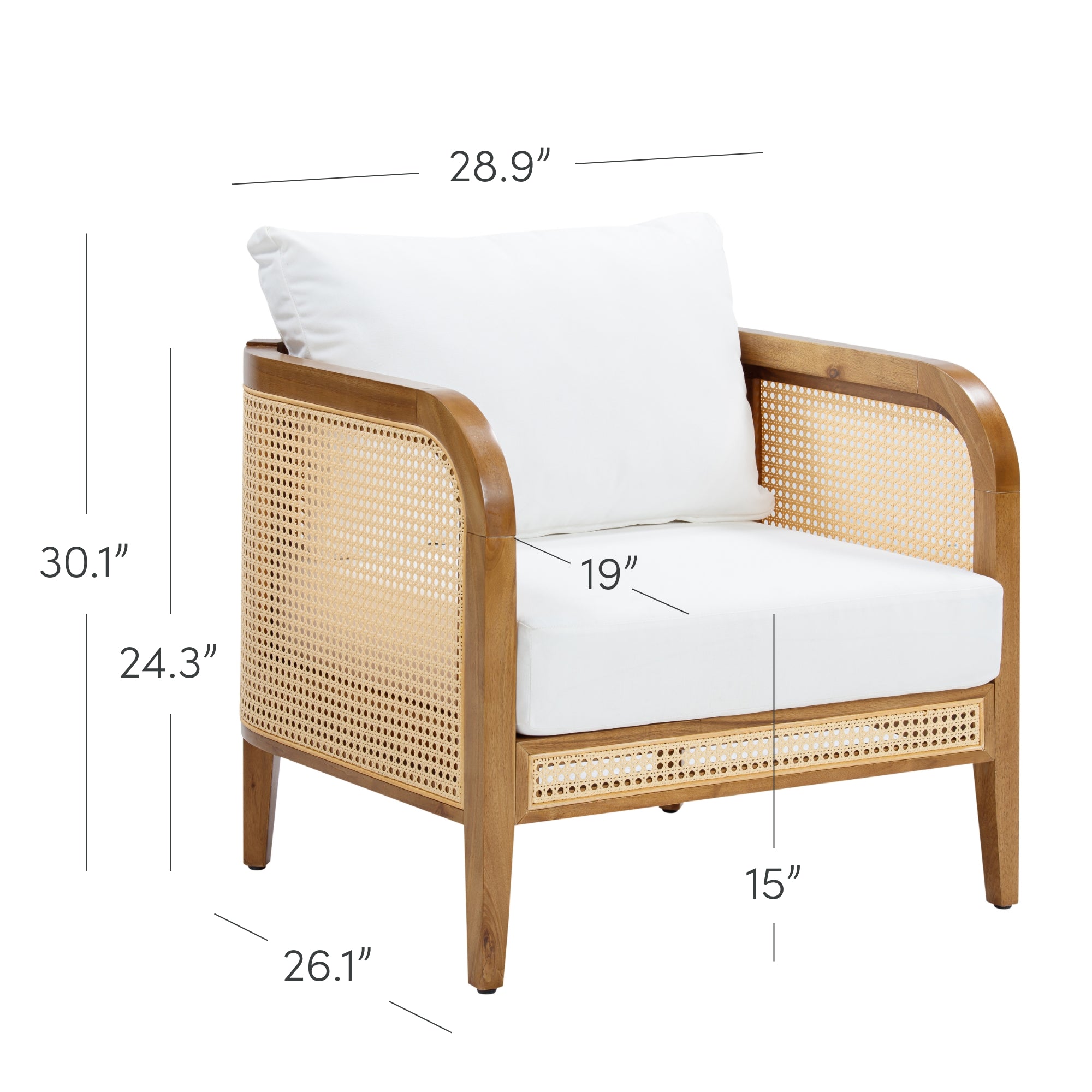 A wooden armchair with woven cane panels, white seat and back cushions. The chair measures 30.1 high, 28.9 wide, 26.1 deep; seat height is 15, seat depth is 19, and arm height is 24.3.