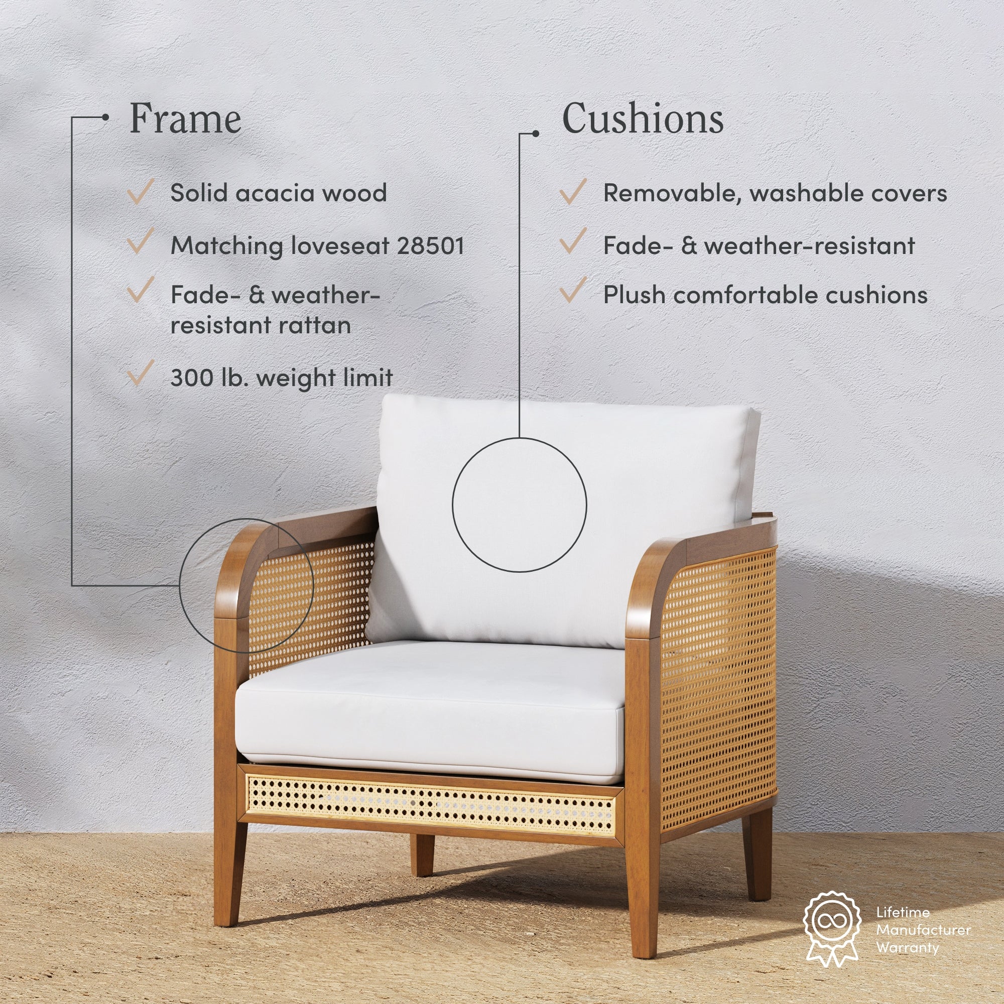 A modern armchair with a wooden frame and white cushions is displayed against a light wall. Key features highlight the solid acacia wood, weather-resistant rattan, 300 lb weight limit, and removable, washable, plush cushions.