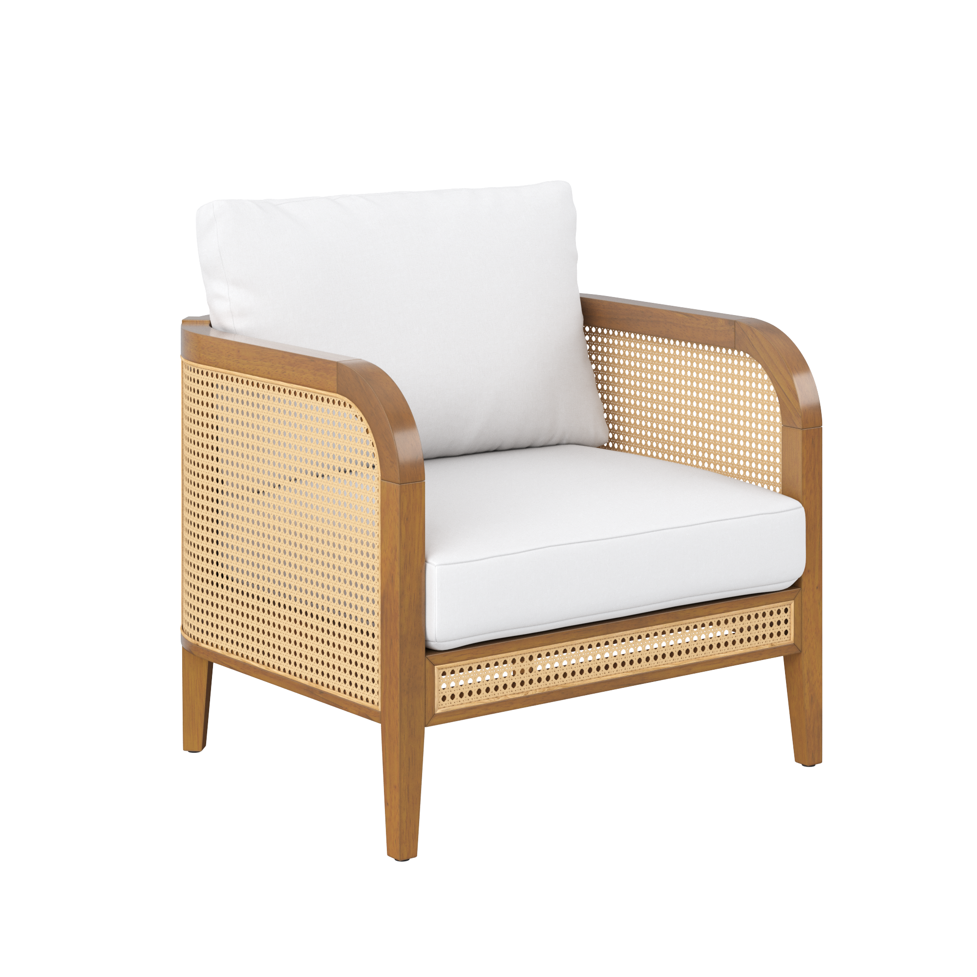 A modern armchair with a wooden frame, cane webbing sides and back, and white seat and back cushions, shown against a white background.