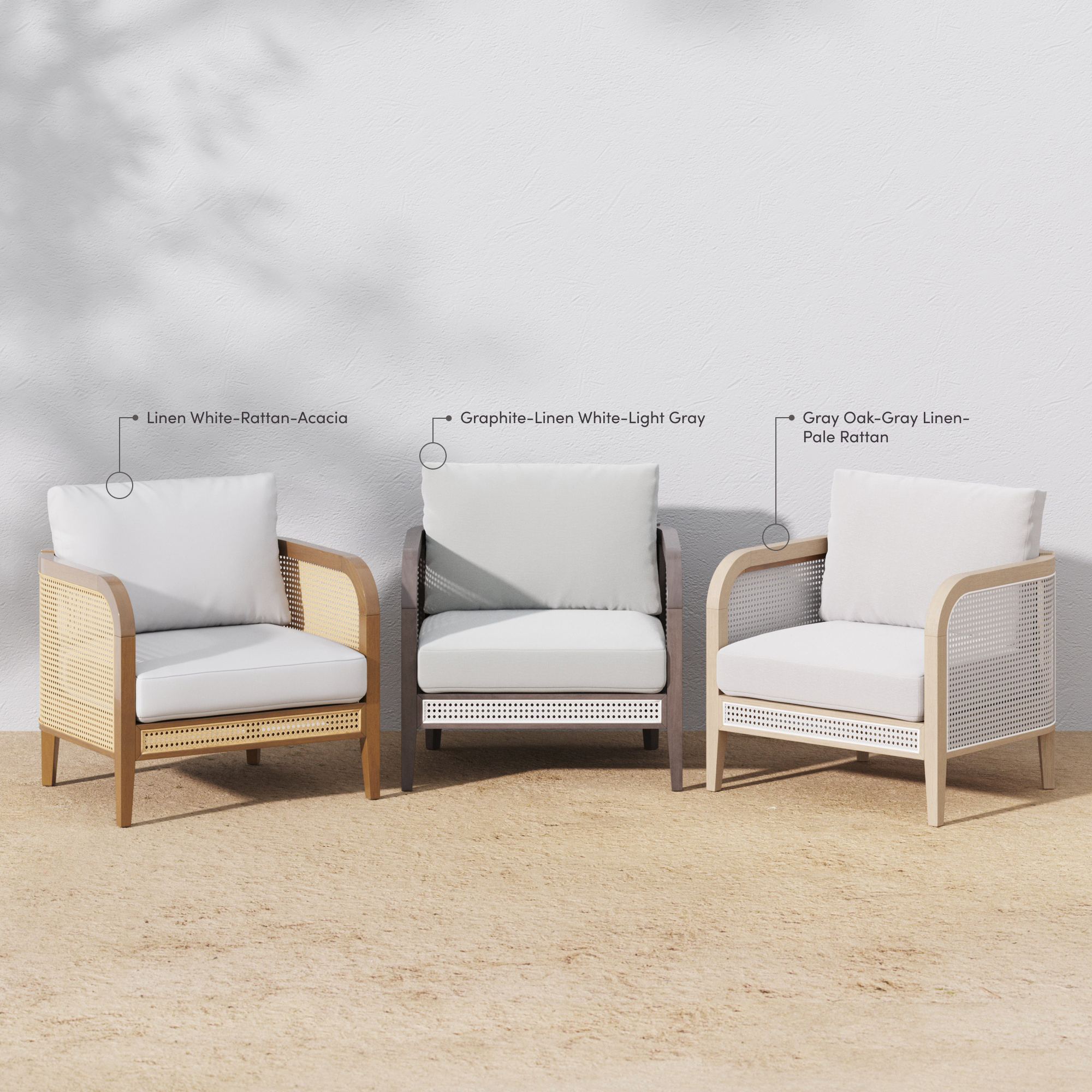Three armchairs are displayed side by side outdoors, each labeled with its color: Linen White-Rattan-Acacia (left), Graphite-Linen White-Light Gray (center), and Gray Oak-Gray Linen-Pale Rattan (right).