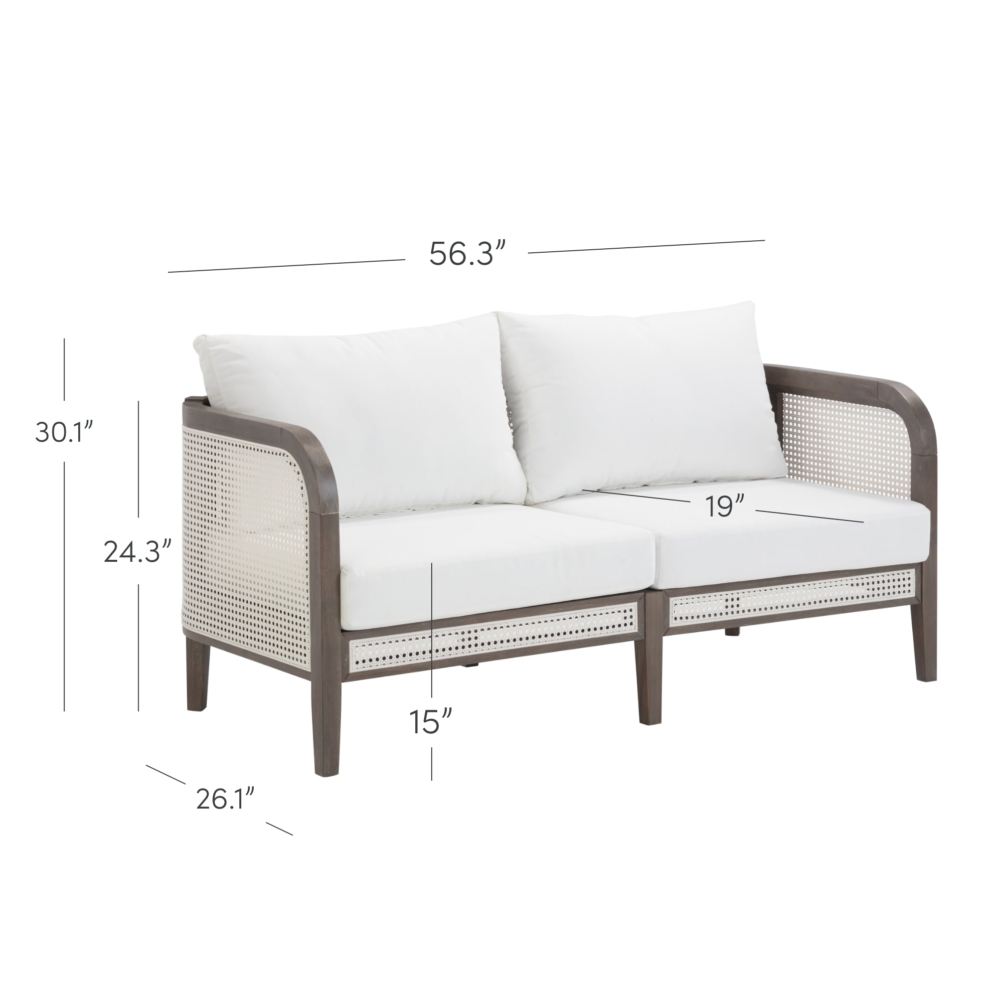 A modern loveseat with white cushions, gray wood frame, and woven rattan sides. Dimensions are labeled: 56.3 wide, 30.1 high, 26.1 deep, 24.3 arm height, 19 seat depth, and 15 seat height.