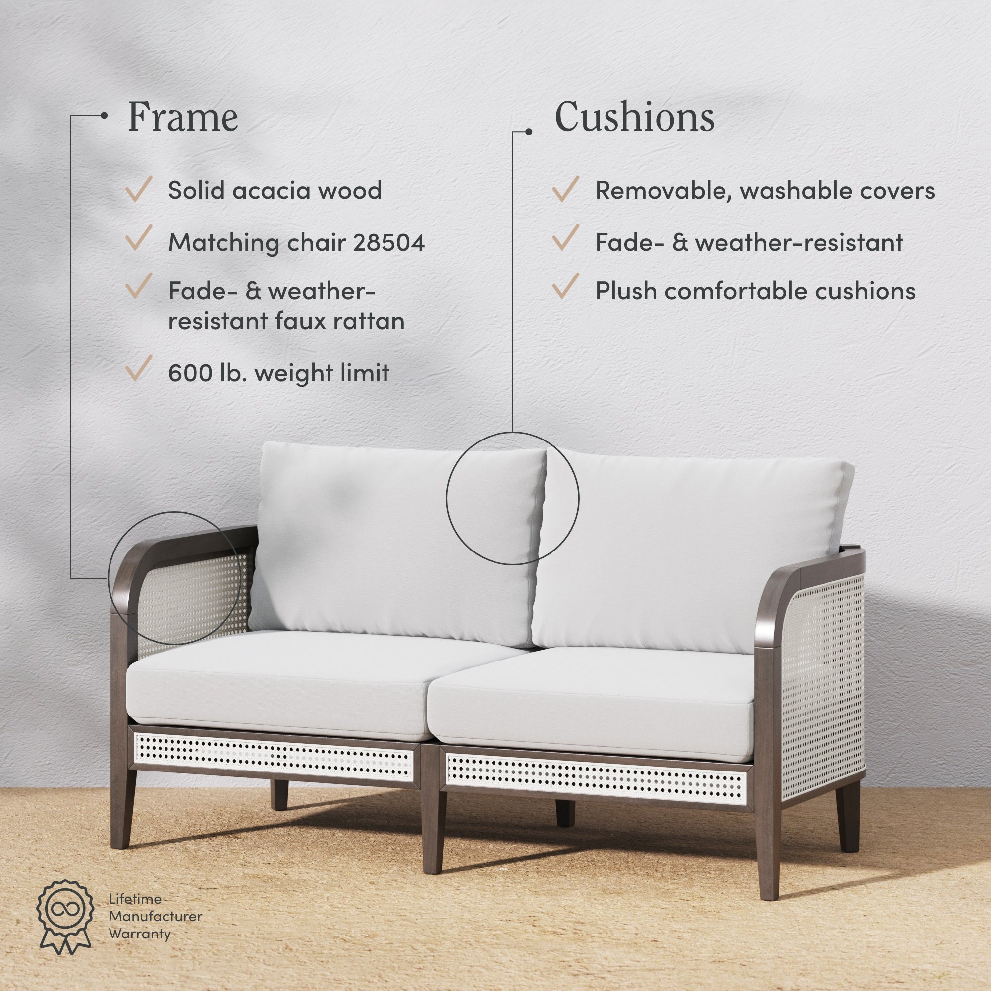 Outdoor loveseat with light cushions and dark acacia wood frame, featuring labeled highlights: solid wood, faux rattan, 600 lb. limit, removable washable covers, and plush, fade-resistant cushions.