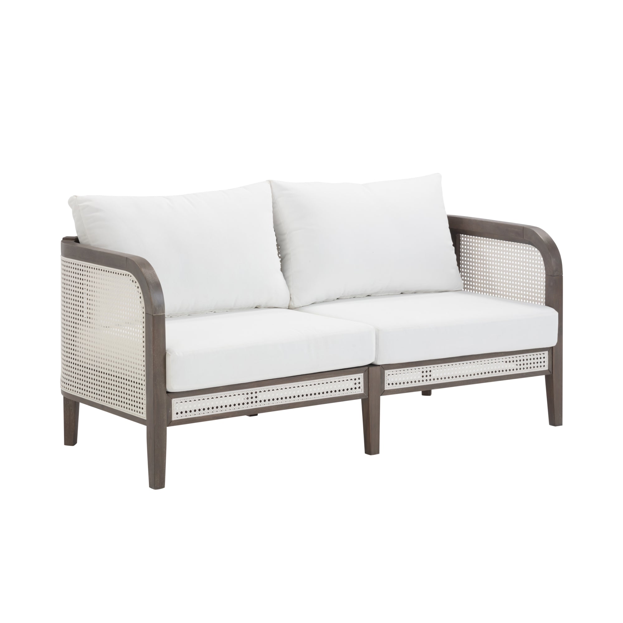 A modern loveseat with a wooden frame, cane side and back panels, and white seat and back cushions, set against a plain white background.