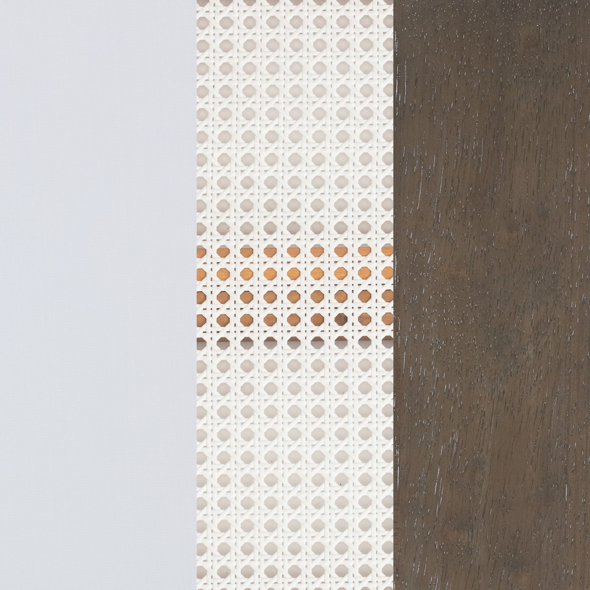 A vertical arrangement of three panels: white on the left, woven rattan with a brown stripe in the center, and dark wood texture on the right.