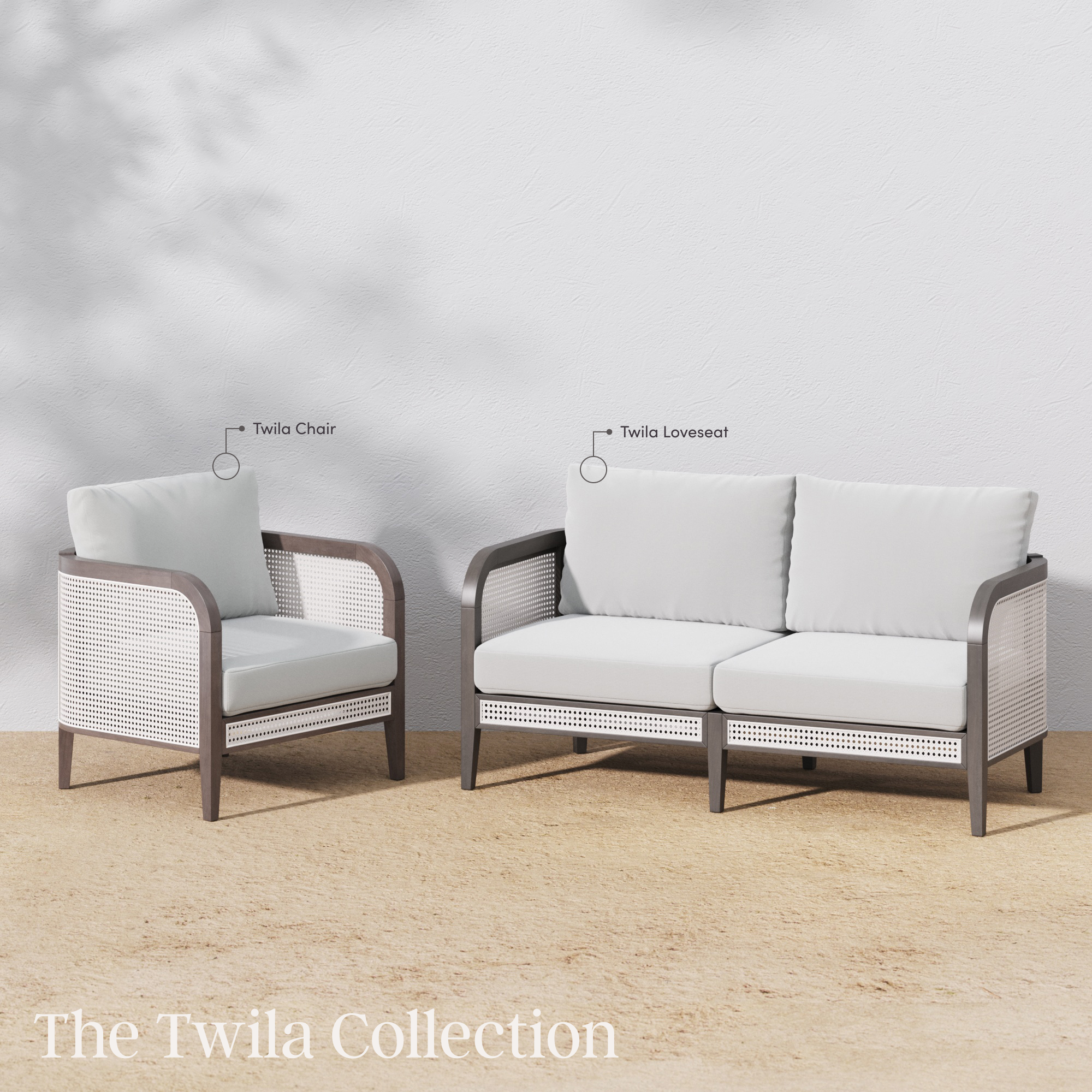 Outdoor furniture set with a single chair and a two-seat loveseat in light grey cushions, dark wood-like frames, and white woven sides. Text labels the Twila Chair and Twila Loveseat. Text: The Twila Collection.