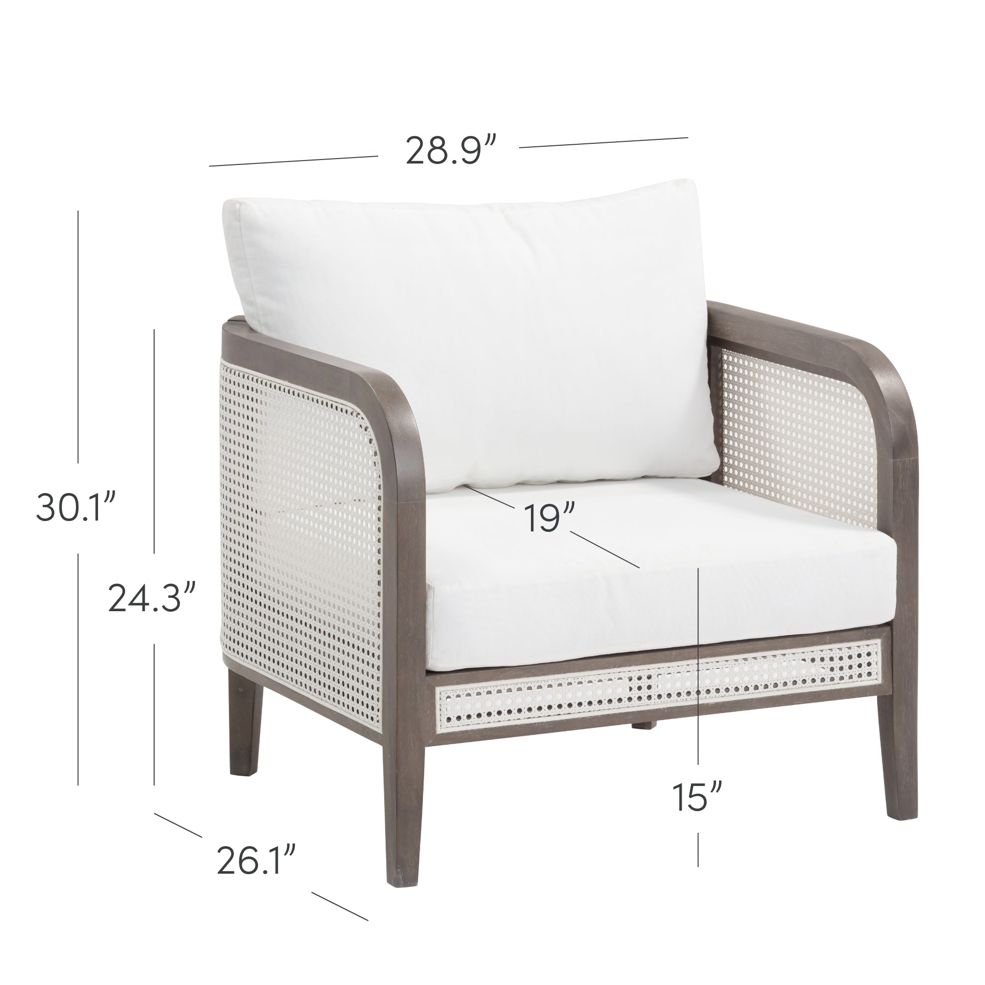A modern armchair with white cushions, rattan sides, and dark wood frame. Dimensions: height 30.1, width 28.9, seat height 15, arm height 24.3, seat depth 19, and overall depth 26.1.