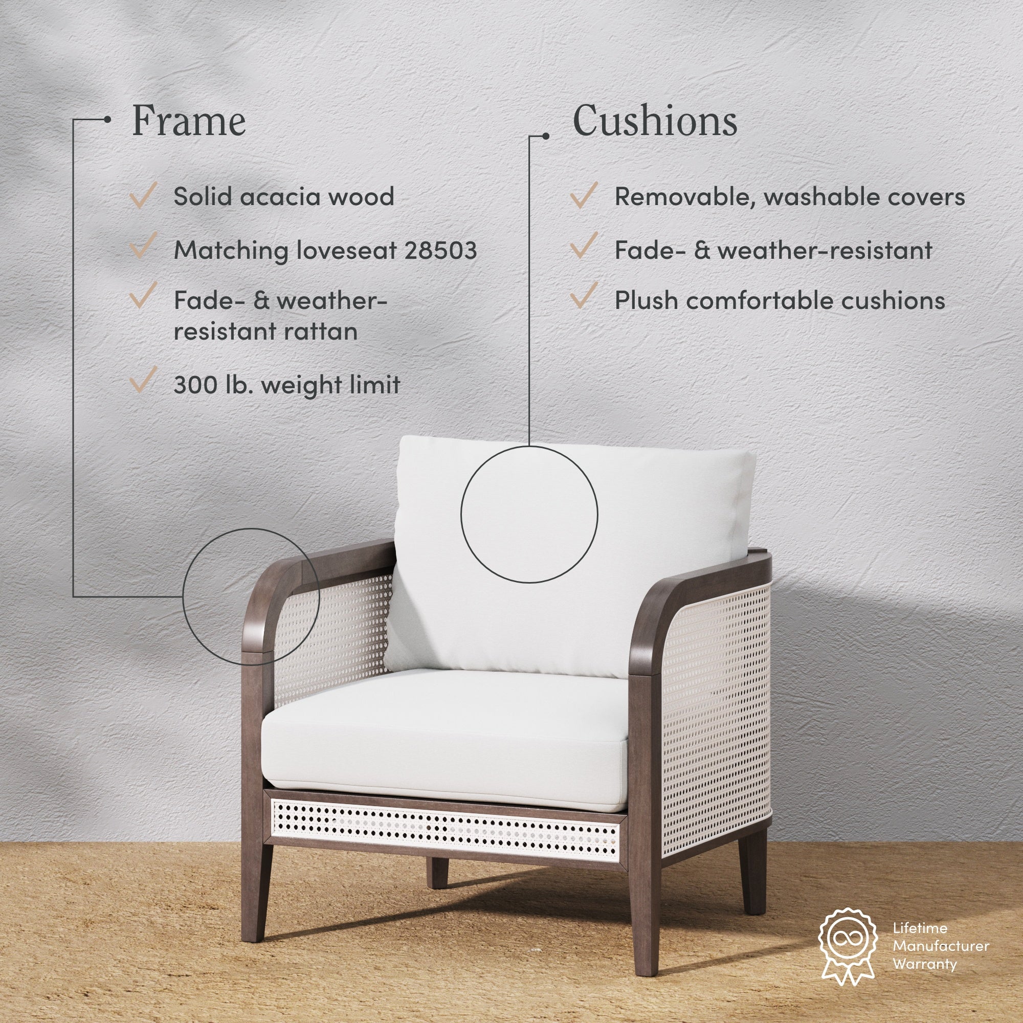 A modern white cushioned armchair with a wood and rattan frame sits against a light wall. Overlay text highlights features: acacia wood frame, fade/weather resistance, 300 lb. weight limit, washable/removable covers.
