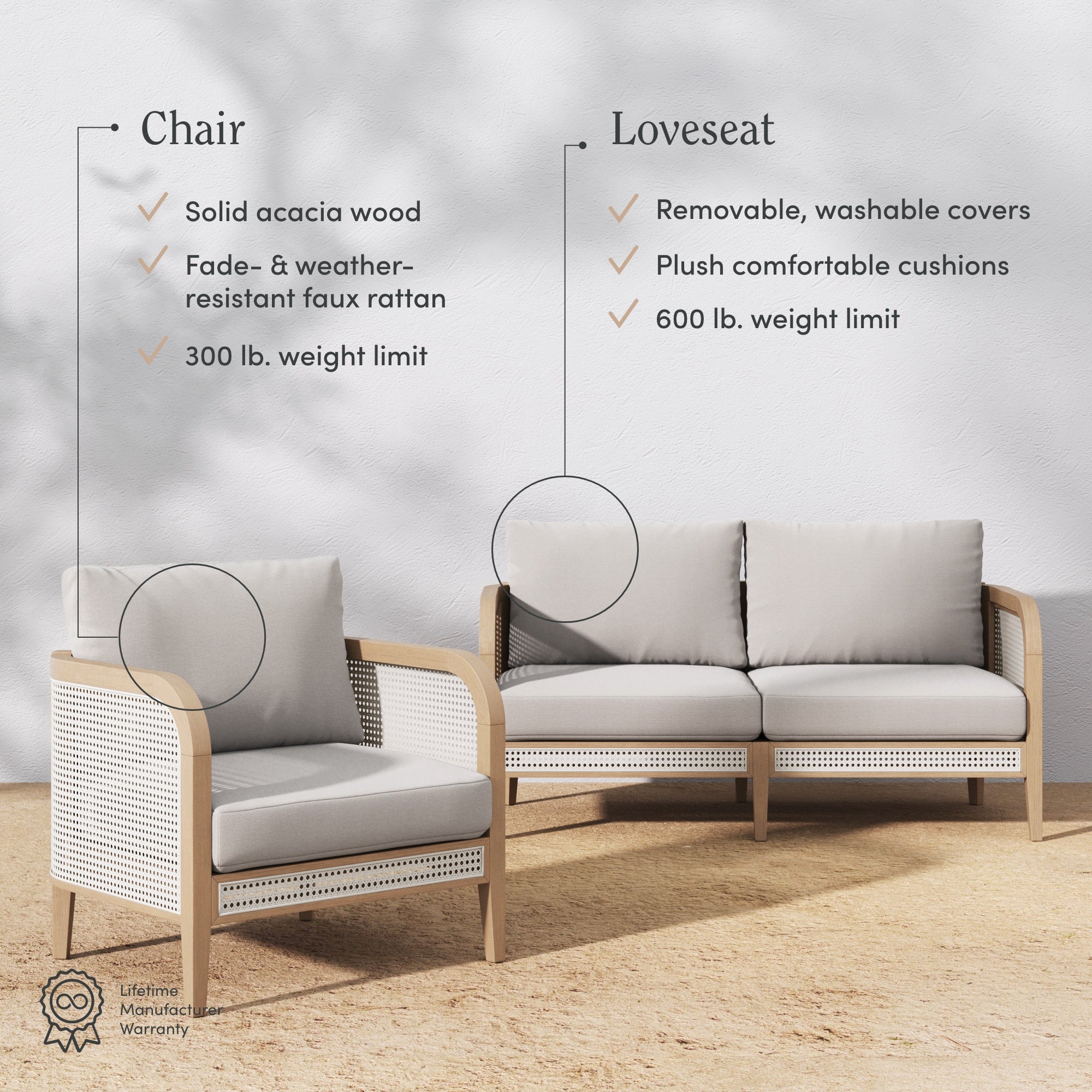Outdoor patio set with a solid acacia wood chair and a faux rattan loveseat. Chair has beige cushions; loveseat has removable, washable covers. Both sit on a tan surface against a white wall. Text highlights features and weight limits.