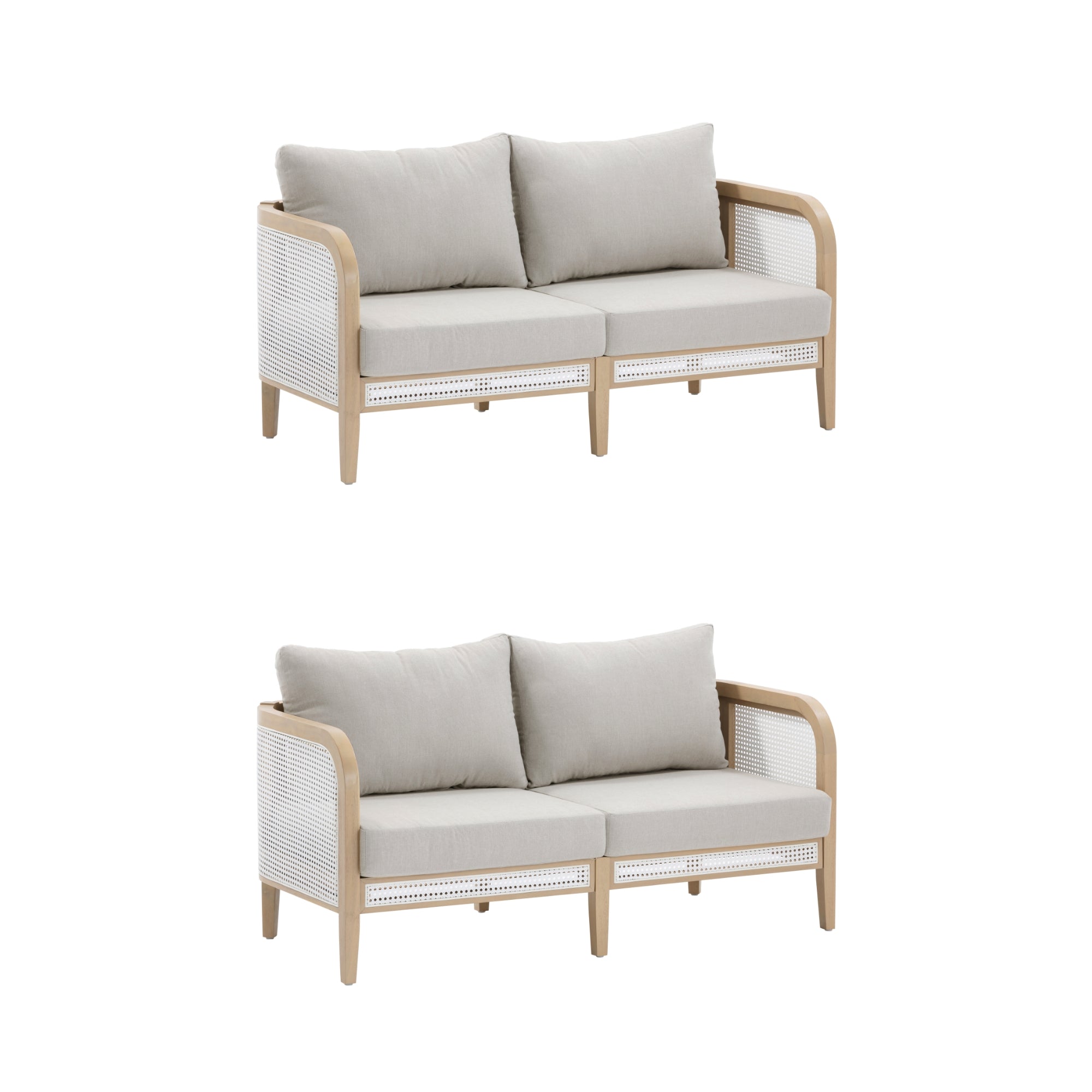 Two identical light wood-framed sofas with white wicker sides and light gray cushions, arranged one above the other on a plain white background.