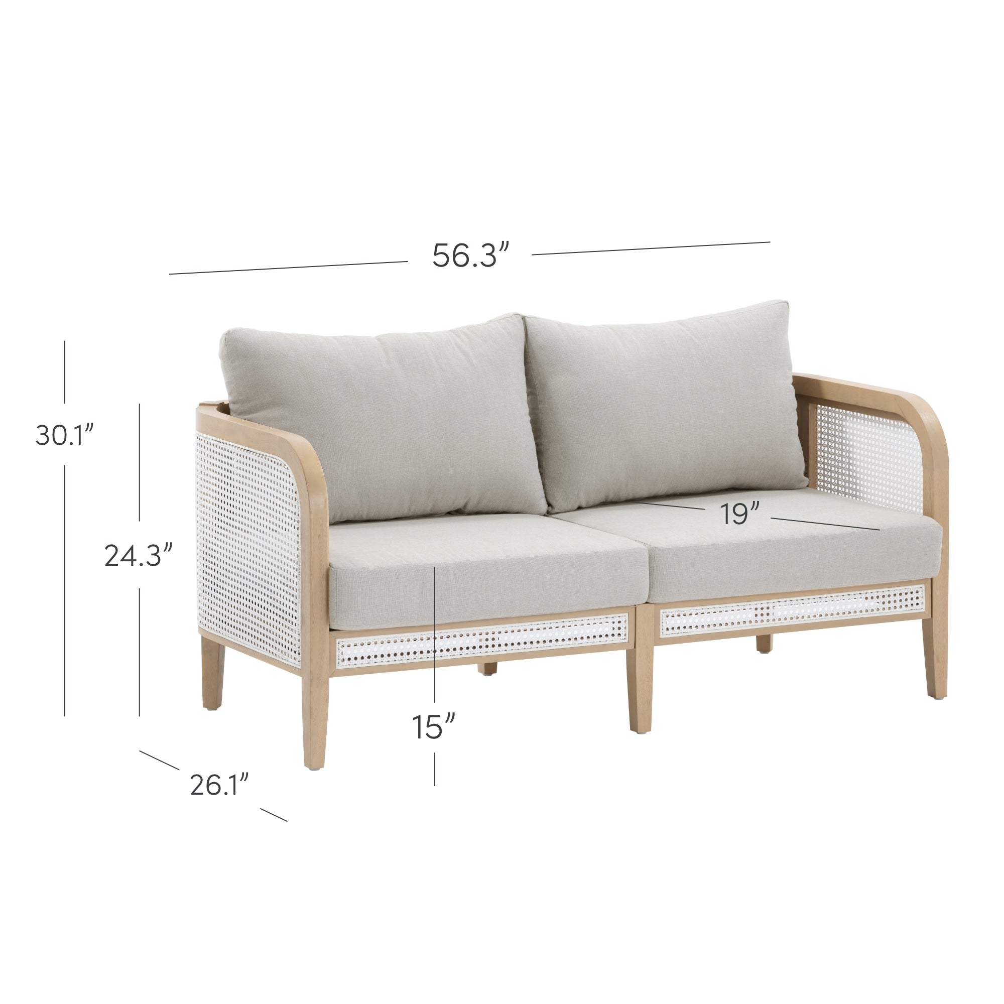 A light wood-framed, two-seat sofa with beige cushions and cane panels on the sides and front. Dimensions are labeled: 56.3” wide, 30.1” high, 26.1” deep, 24.3” arm height, 19” seat depth, and 15” seat height.
