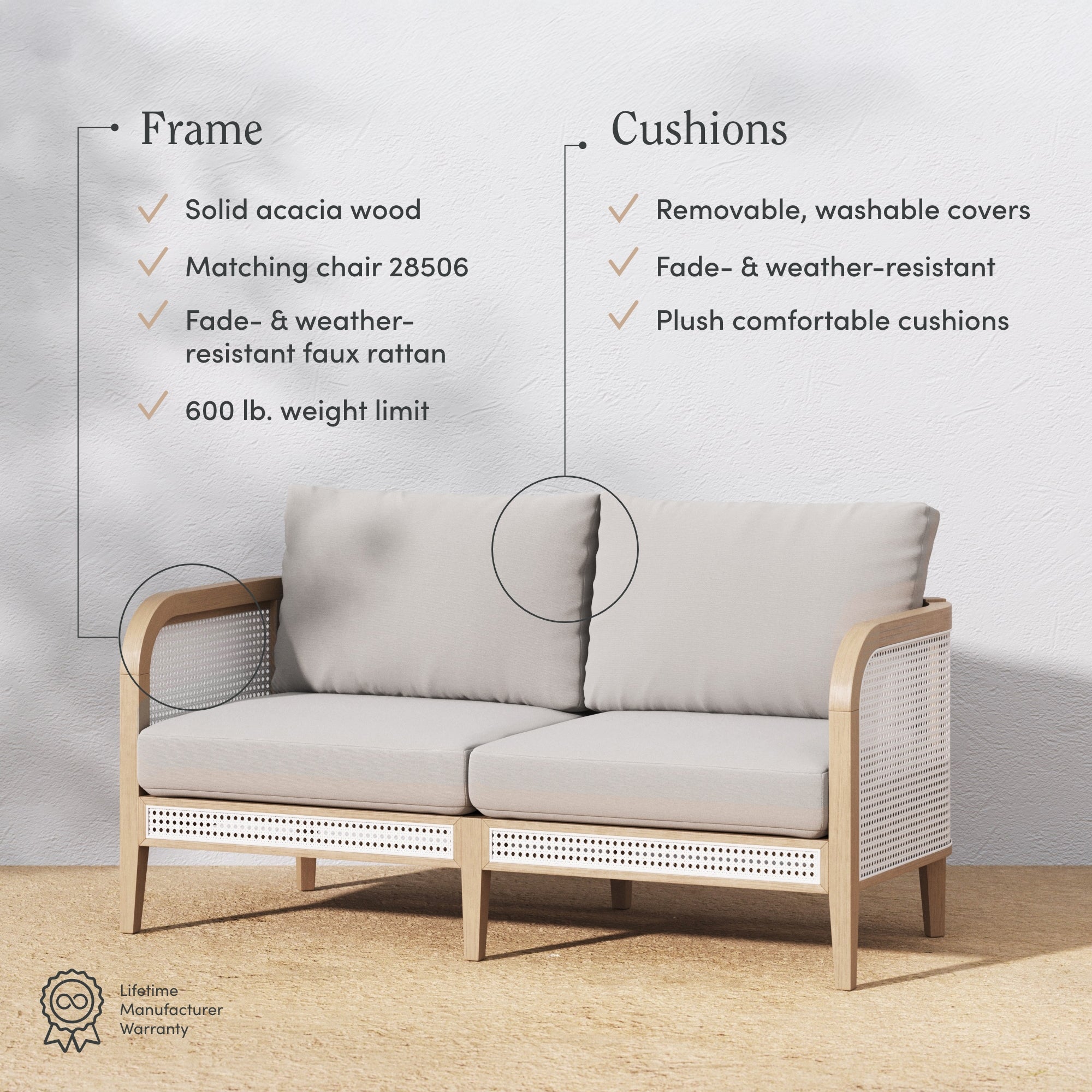 A modern outdoor loveseat with light wood and white rattan frame, featuring thick beige cushions. Text highlights the frames acacia wood, durability, and cushion comfort, with warranty and product details on a neutral background.
