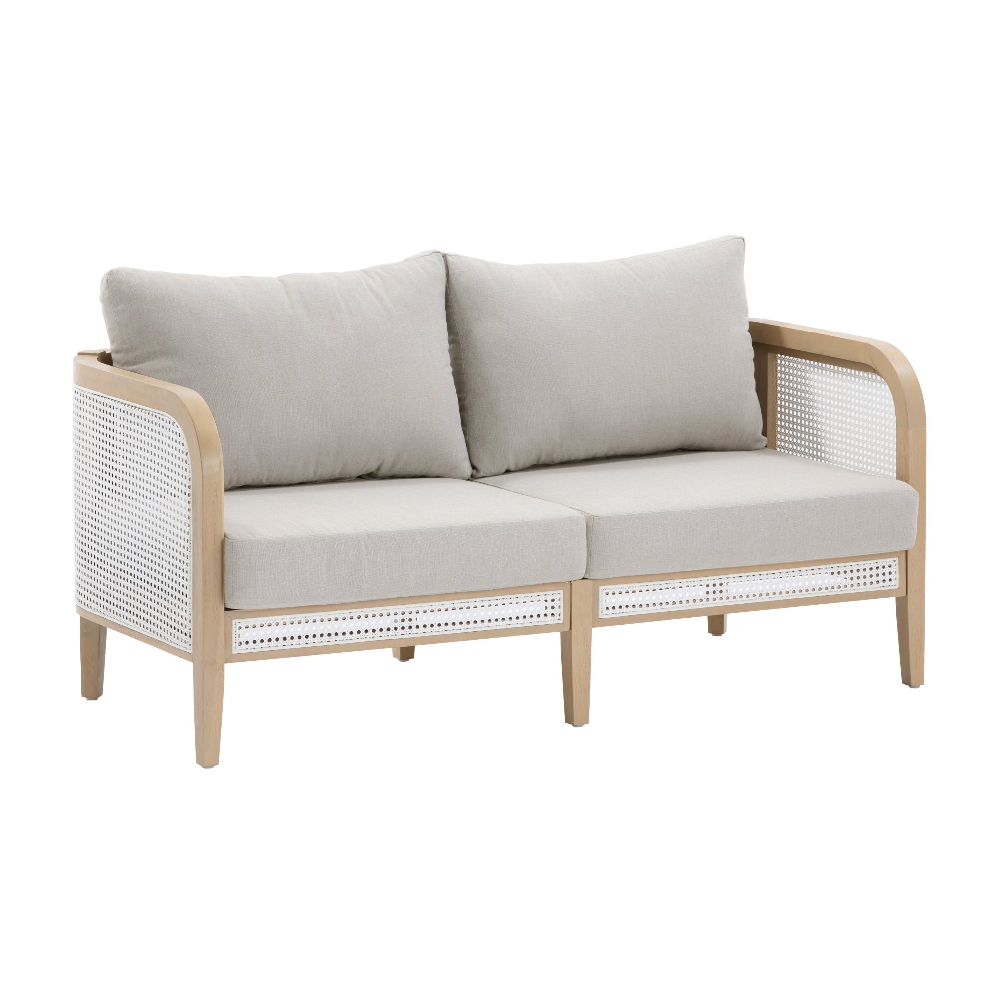 A modern loveseat with light wood frame, white woven rattan sides and base, and light beige cushions on the seat and back. The design is contemporary and minimalist.