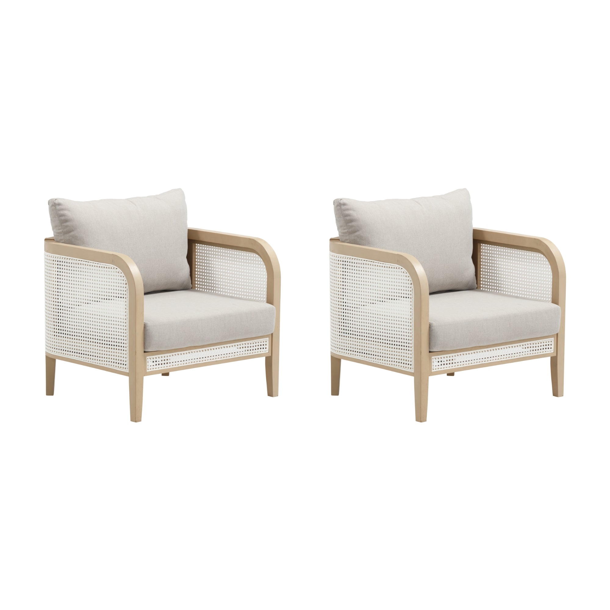 Two modern armchairs with light wood frames, cane side panels, and light gray cushions, positioned side by side against a white background.
