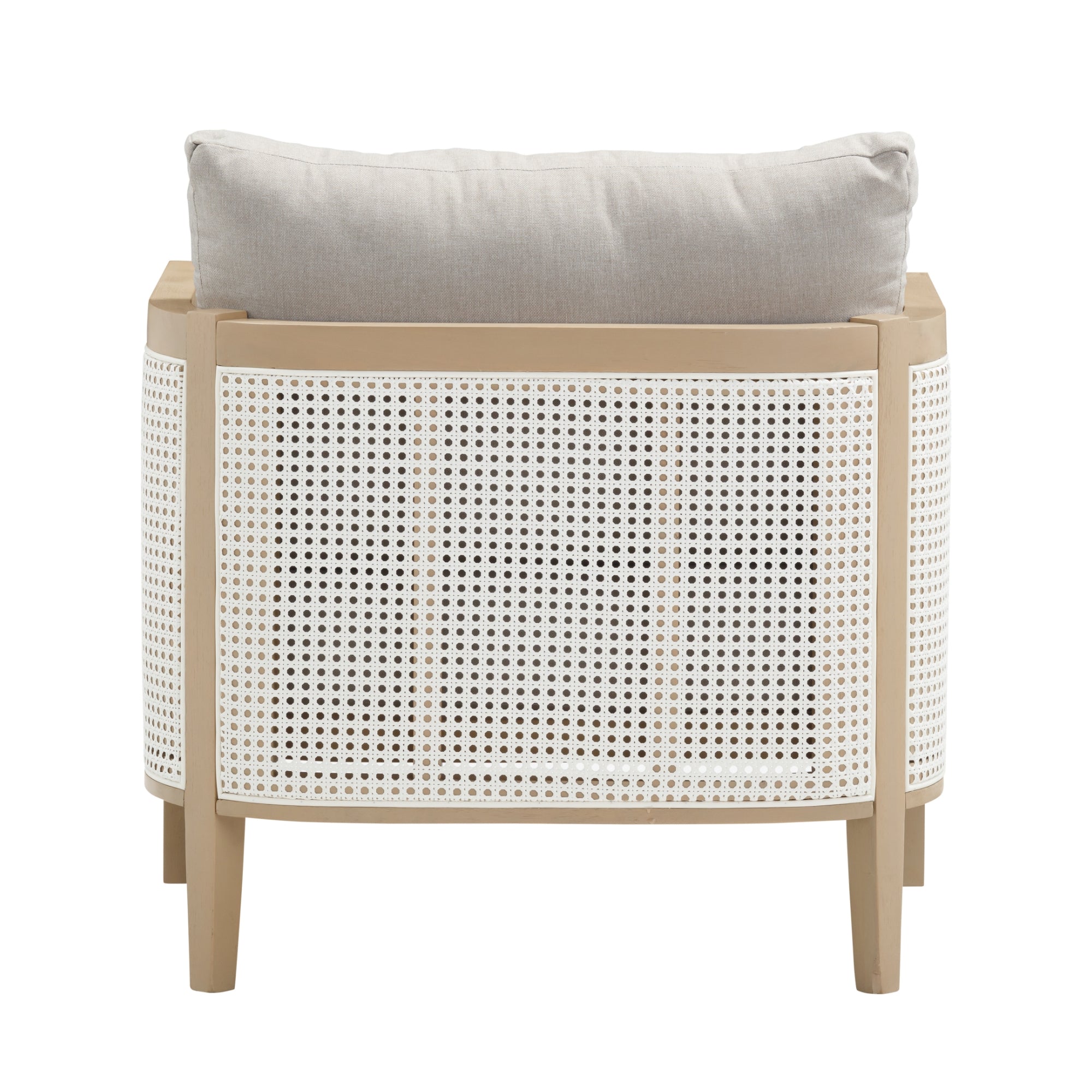Beige accent chair with a light wood frame, woven cane back and sides, and a plush light gray cushion. The image shows the chair from the back, highlighting its mesh pattern and wooden legs.