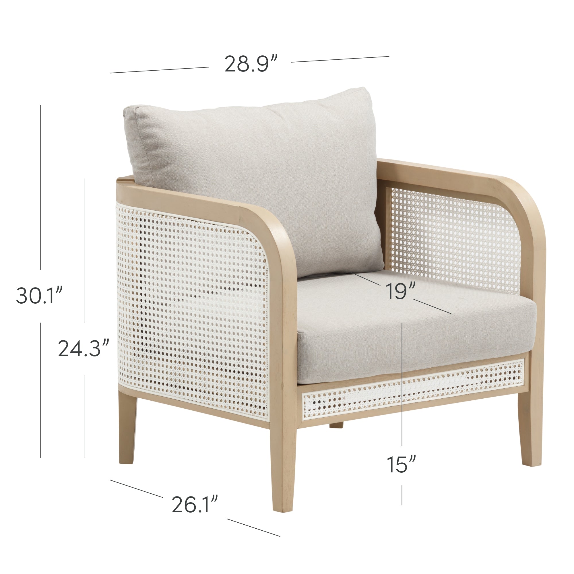 Armchair with light wood frame, woven cane sides and back, beige cushions, and labeled dimensions: 28.9 wide, 26.1 deep, 30.1 high, 24.3 arm height, 19 seat depth, and 15 seat height.