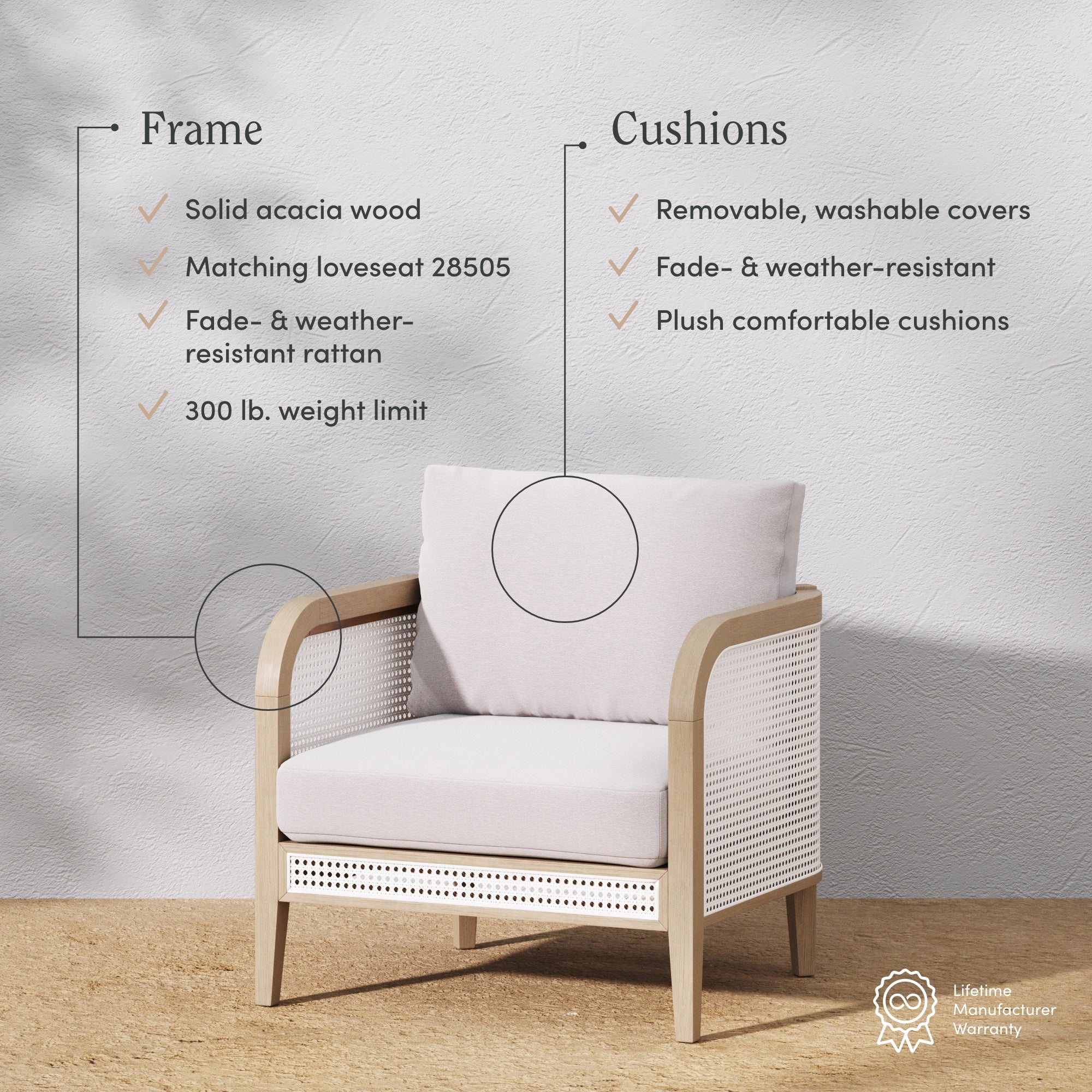 A modern armchair with a light wood frame, white cushions, and woven rattan paneling. Text highlights features: solid acacia wood, fade/weather-resistant, removable covers, and a 300 lb weight limit.