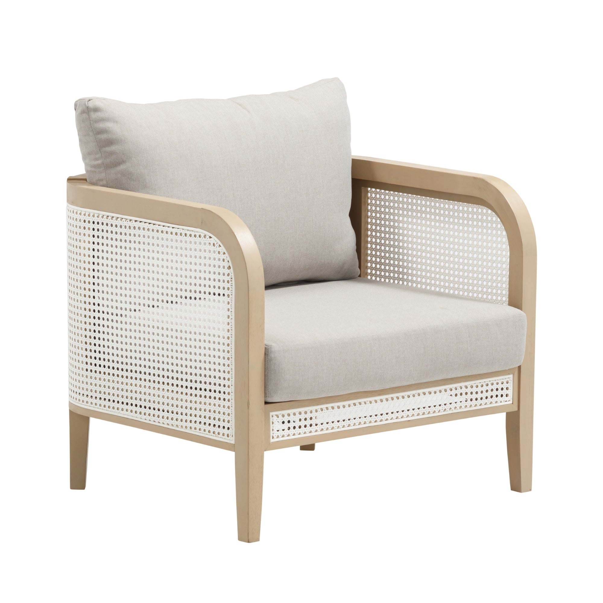 A modern armchair with light wood frame, woven rattan sides and back, and light beige seat and back cushions. The design is clean and contemporary.