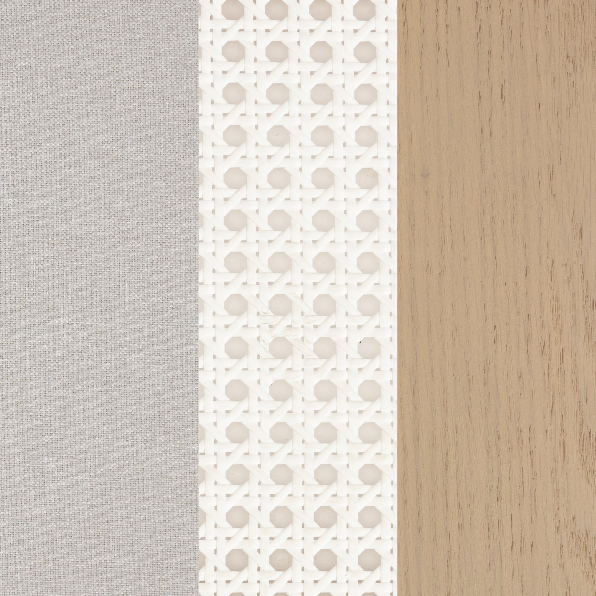 A close-up of three materials side by side: light grey fabric on the left, white woven rattan in the center, and light wood with a natural grain on the right.