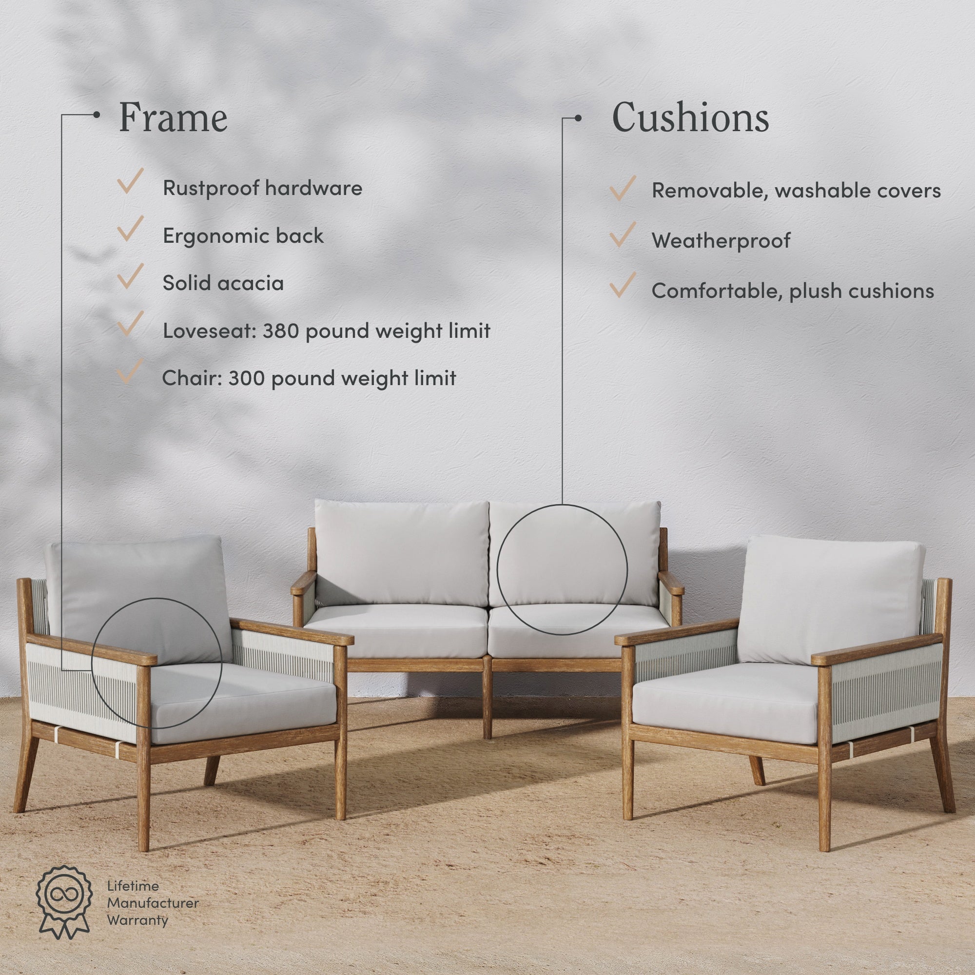 Two wooden and white cushioned outdoor chairs and a loveseat are arranged on a patio. Text highlights features like rustproof hardware, weight limits, ergonomic design, and washable, weatherproof cushion covers.