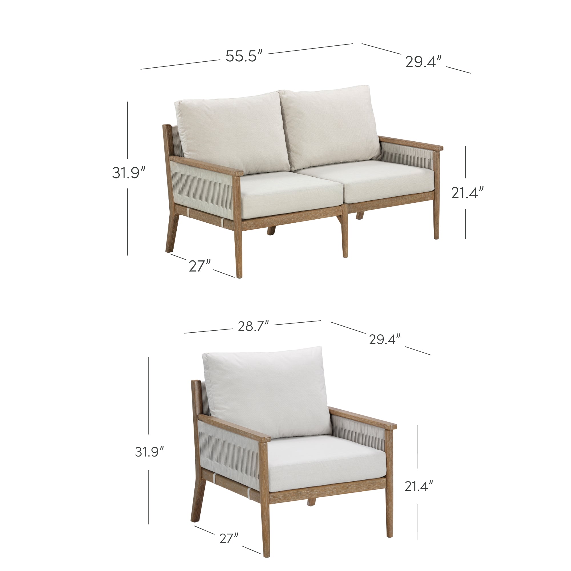 Two light wood-framed outdoor seats are shown: a loveseat (55.5 wide) and an armchair (28.7 wide), both with beige cushions and labeled dimensions for height, width, seat depth, and arm height.