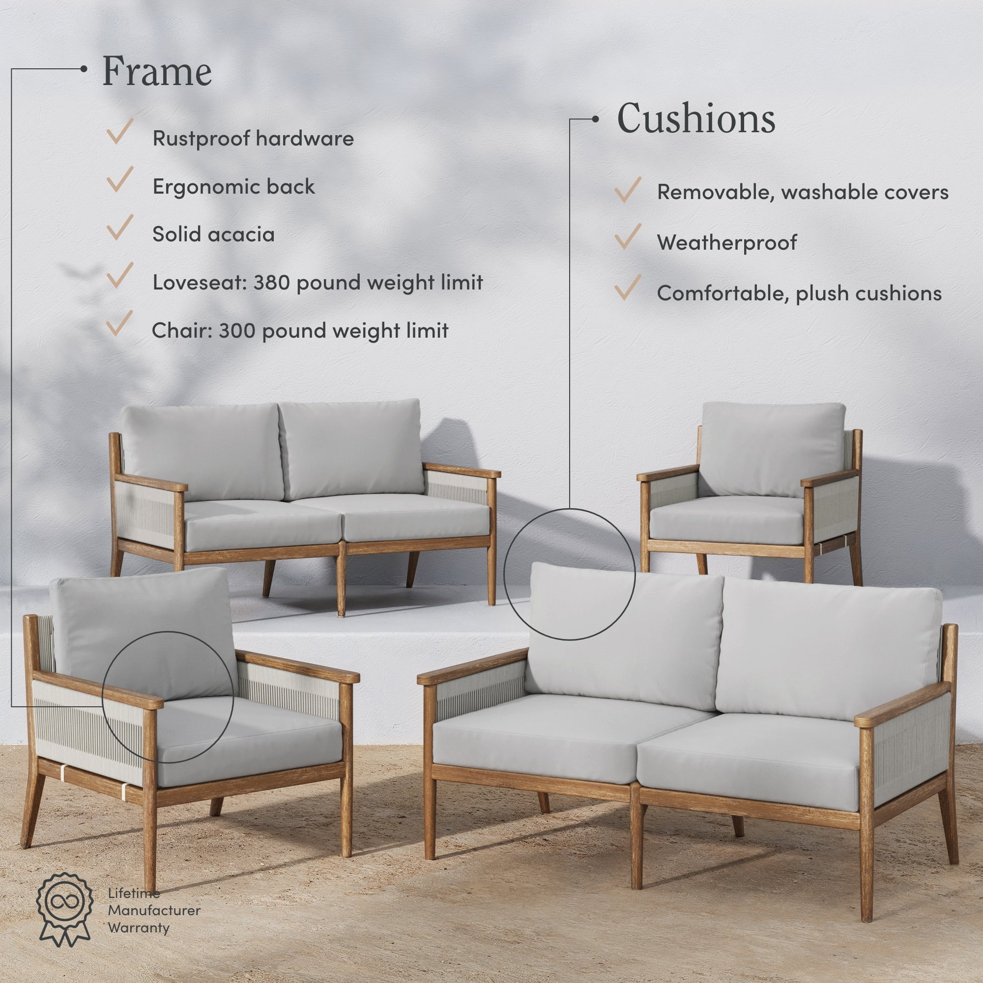 Outdoor patio furniture set with wooden frames and light gray cushions, featuring two chairs and two loveseats. Text highlights rustproof hardware, ergonomic back, weight limits, and weatherproof, washable cushions.
