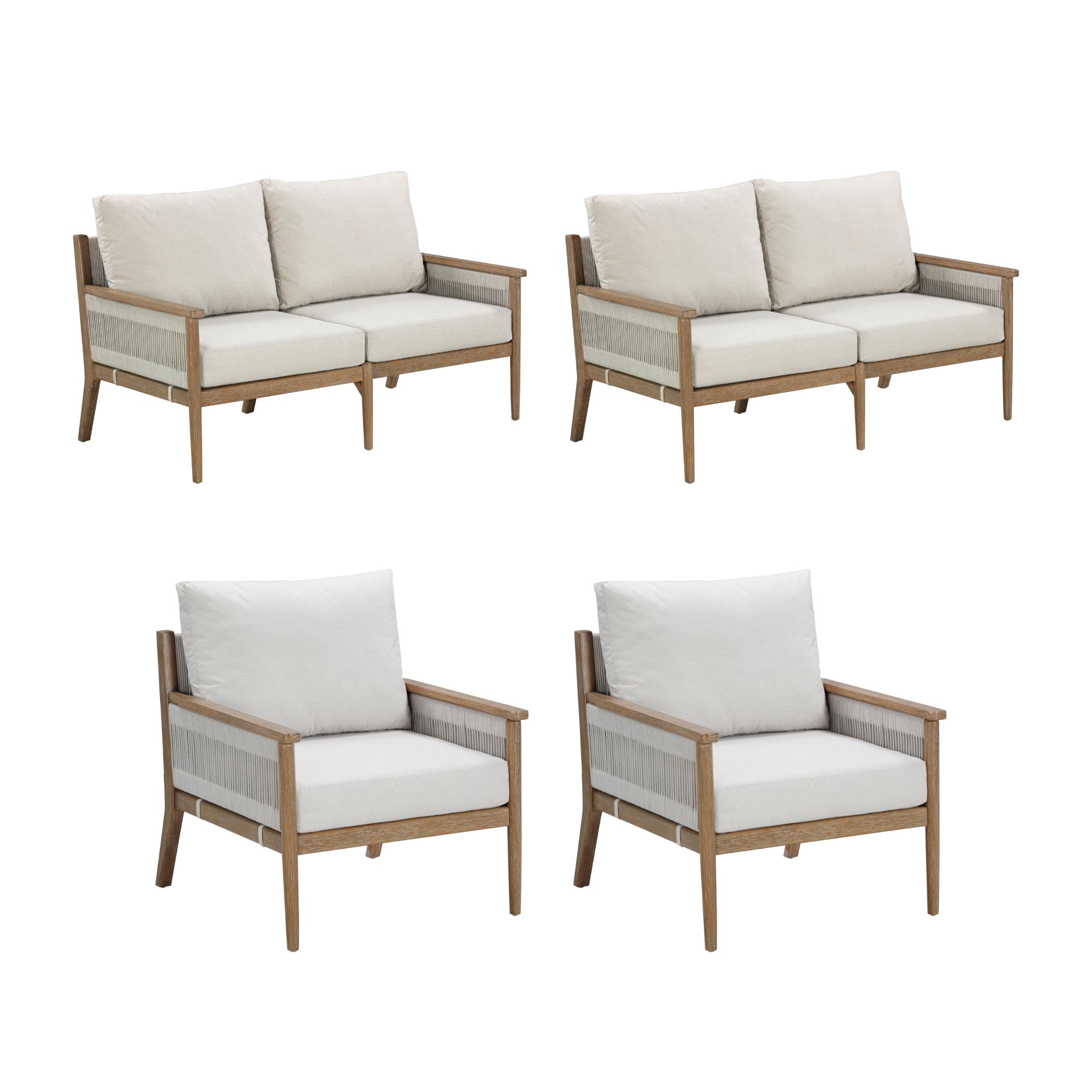 Four pieces of outdoor furniture: two loveseats and two armchairs, all with wooden frames and light beige cushions, arranged in a grid on a white background.