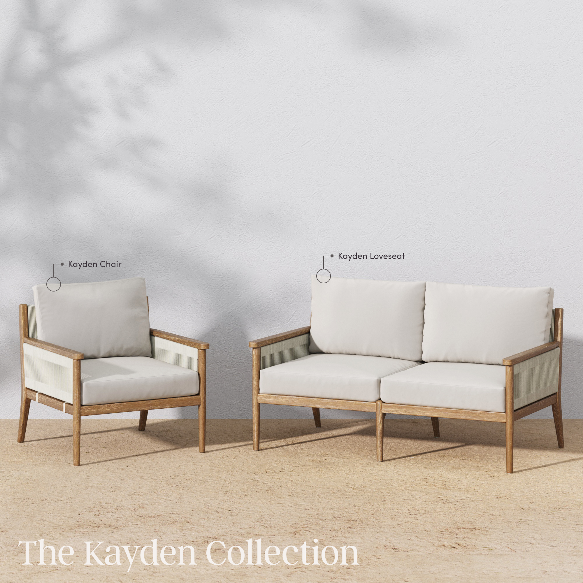 A wooden Kayden Chair and Kayden Loveseat with light cushions are displayed outdoors against a white wall and textured ground. Text labels identify each piece. The Kayden Collection is written at the bottom.