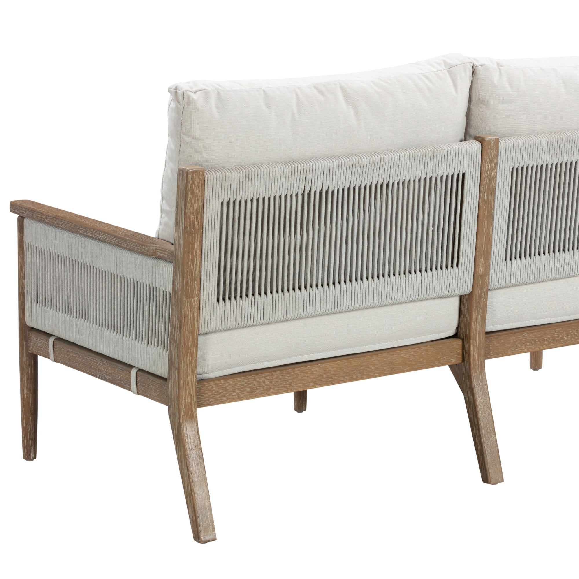 A modern outdoor sofa with a wooden frame, light-colored cushions, and tightly woven rope detailing on the back and sides.